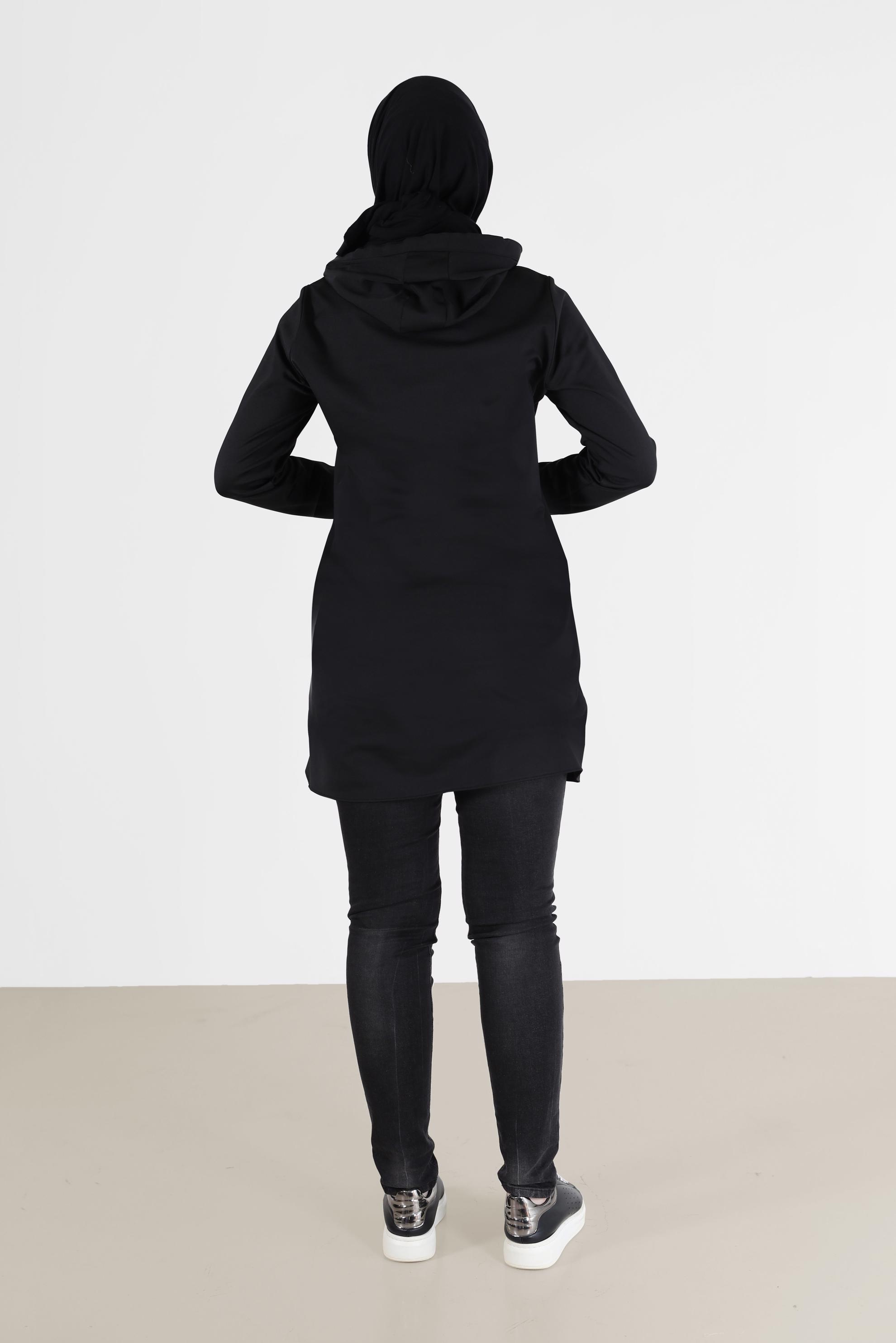 Tesettür giyim SİYAH PUL İŞLEME DETAYLI KAPÜŞONLU TUNİK 42370 