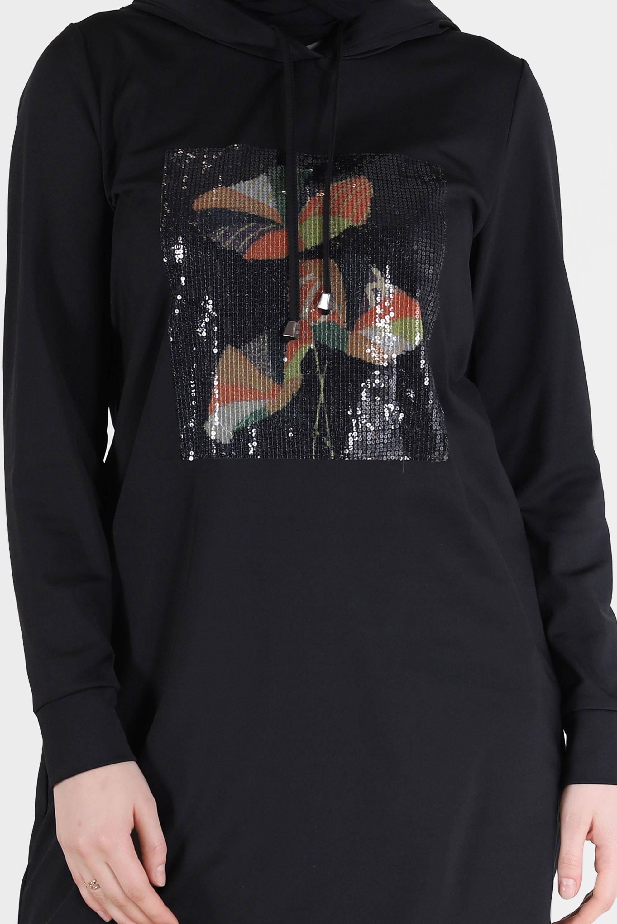 Tesettür giyim SİYAH PUL İŞLEME DETAYLI KAPÜŞONLU TUNİK 42370 