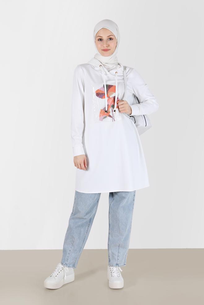 Vêtements hijab  TUNIQUE À CAPUCHE AVEC BRODERIE DE SEQUINS 42370 - ALVİNA