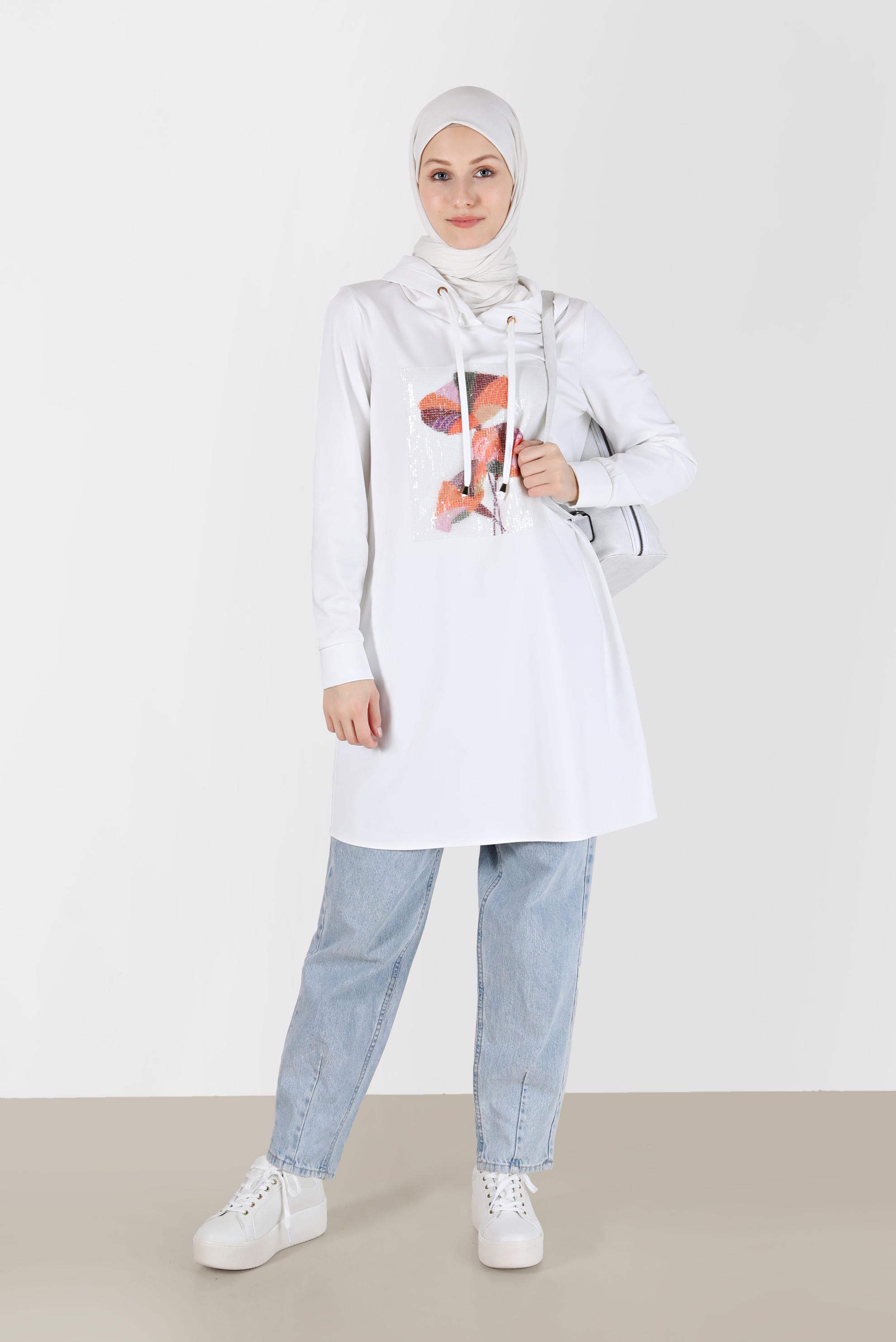 Vêtements hijab BLANC TUNIQUE À CAPUCHE AVEC BRODERIE DE SEQUINS 42370