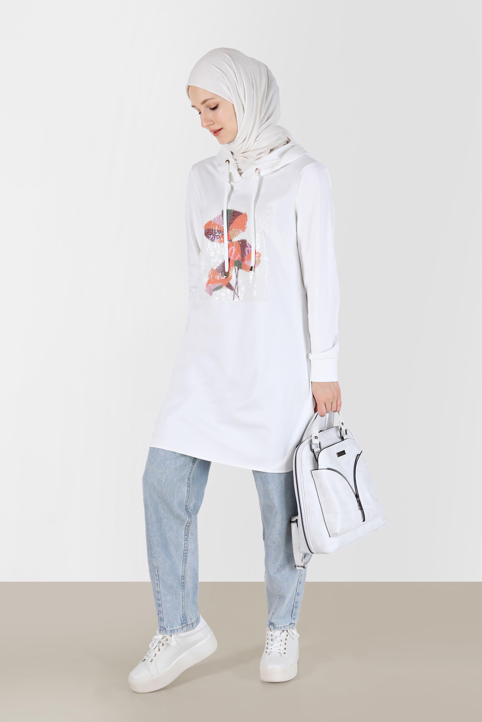 Vêtements hijab BLANC TUNIQUE À CAPUCHE AVEC BRODERIE DE SEQUINS 42370