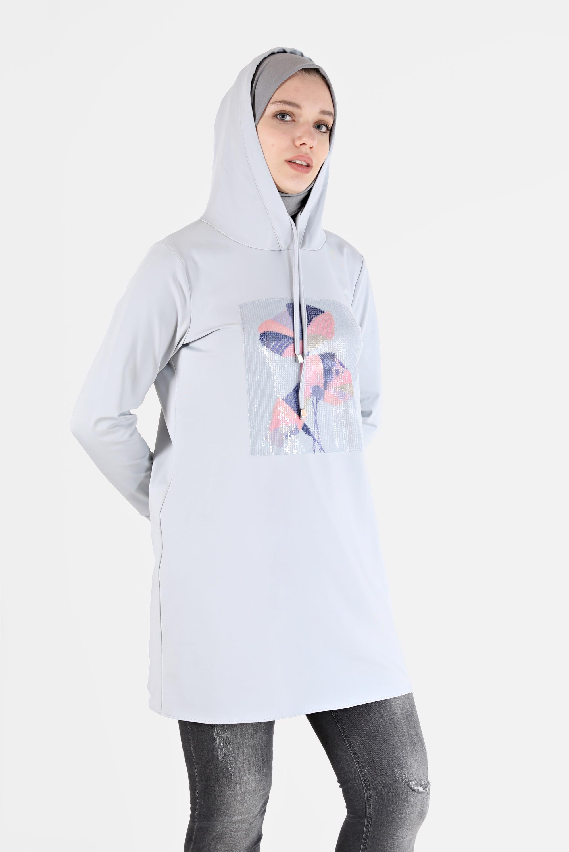 Tesettür giyim GÜMÜŞ PUL İŞLEME DETAYLI KAPÜŞONLU TUNİK 42370 