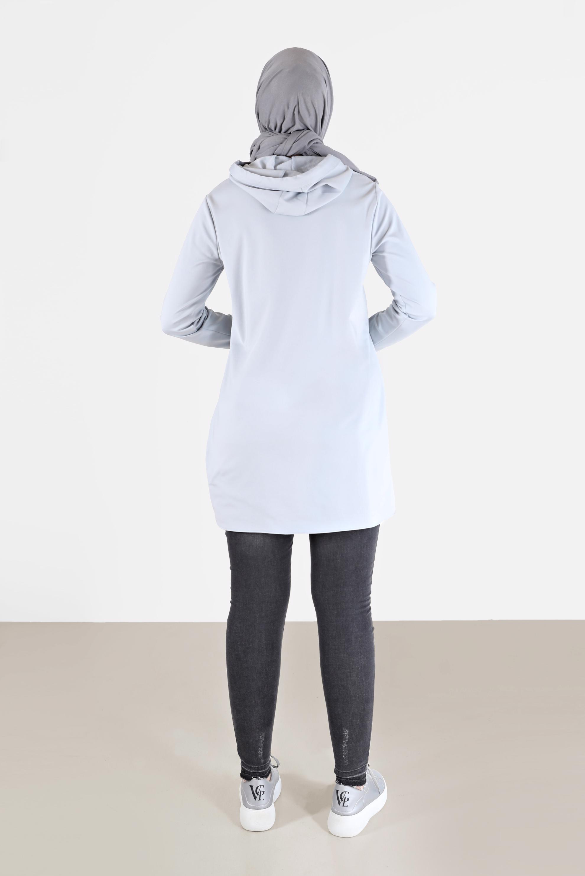 Tesettür giyim GÜMÜŞ PUL İŞLEME DETAYLI KAPÜŞONLU TUNİK 42370 