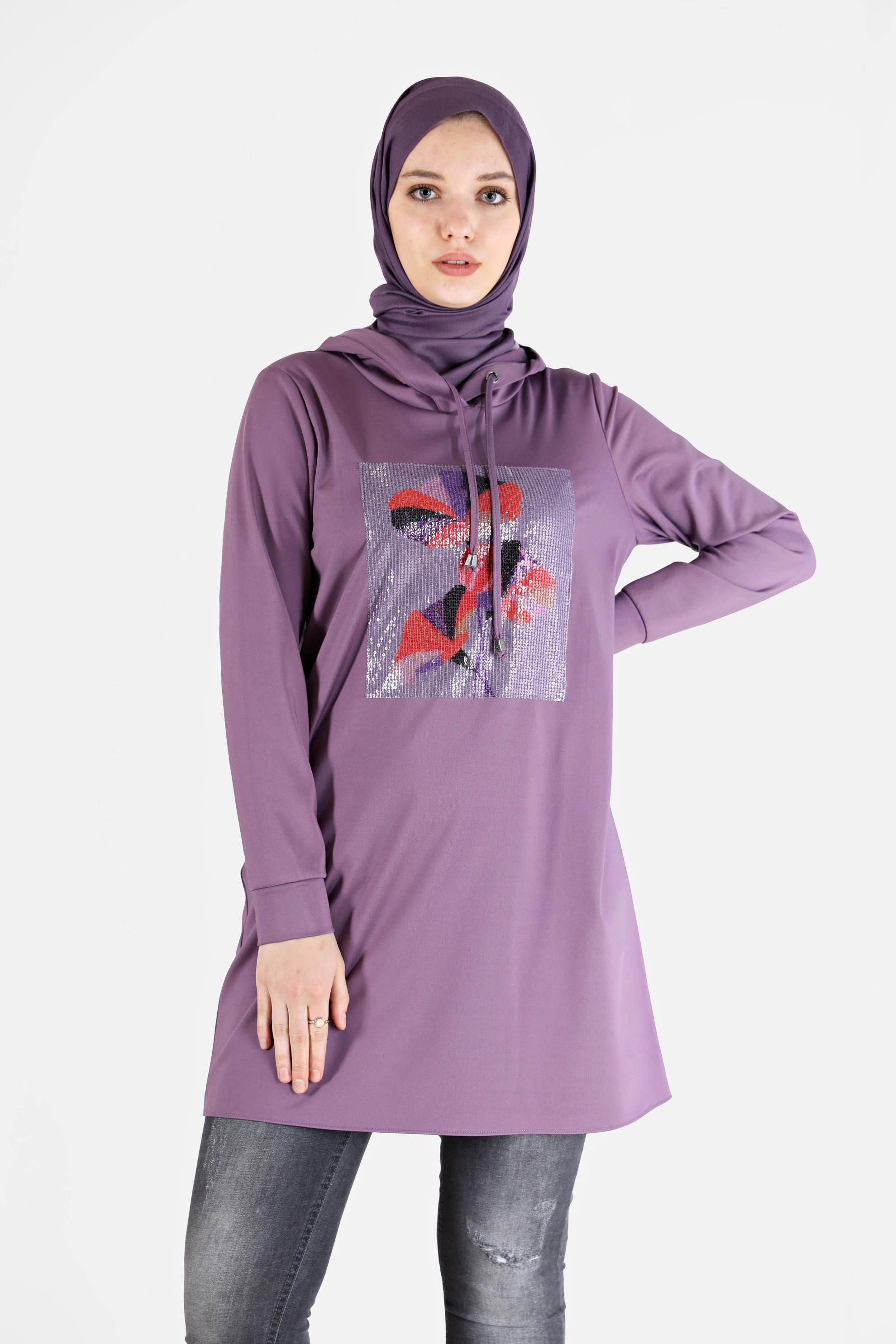 Tesettür giyim MOR PUL İŞLEME DETAYLI KAPÜŞONLU TUNİK 42370 