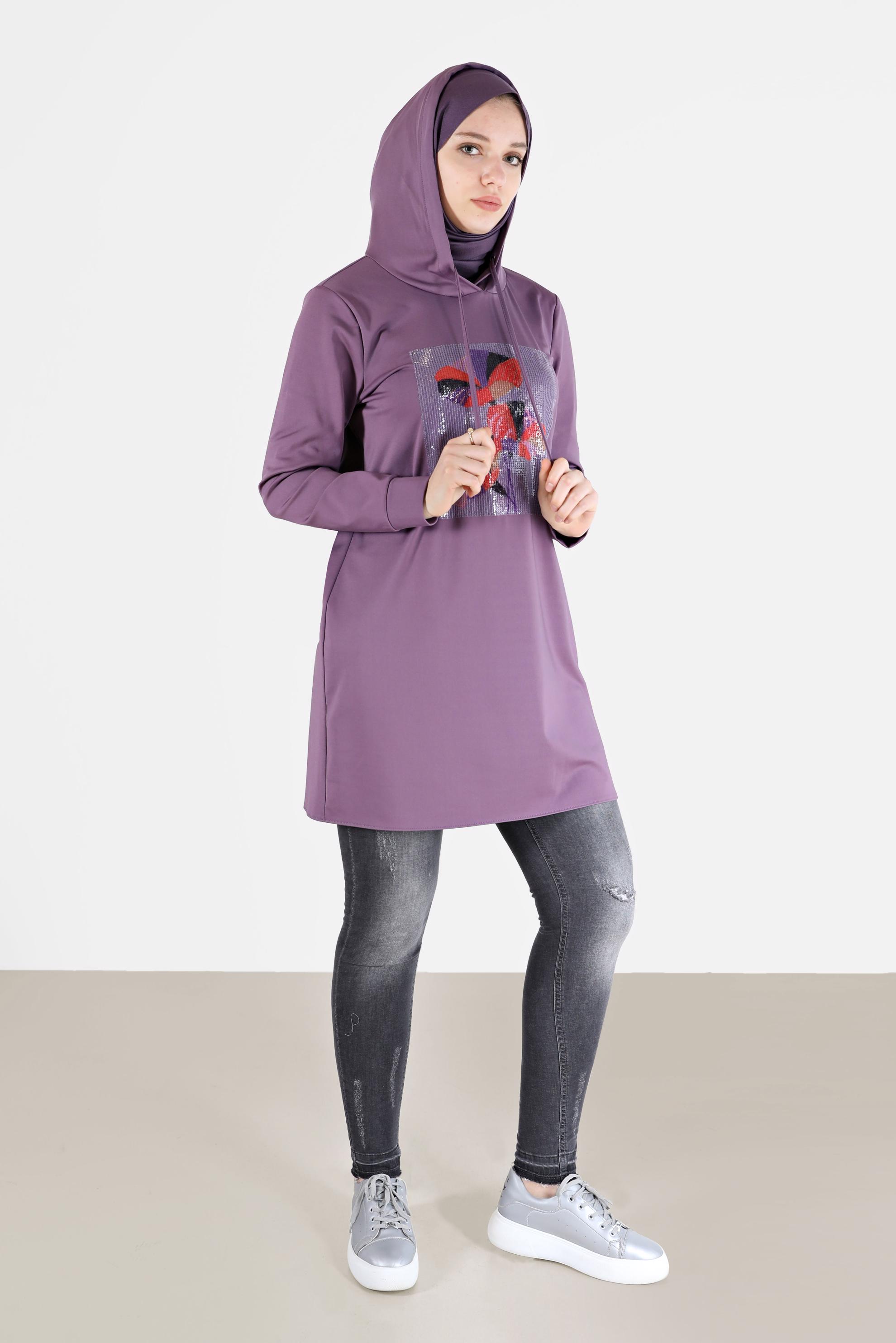 Tesettür giyim MOR PUL İŞLEME DETAYLI KAPÜŞONLU TUNİK 42370 