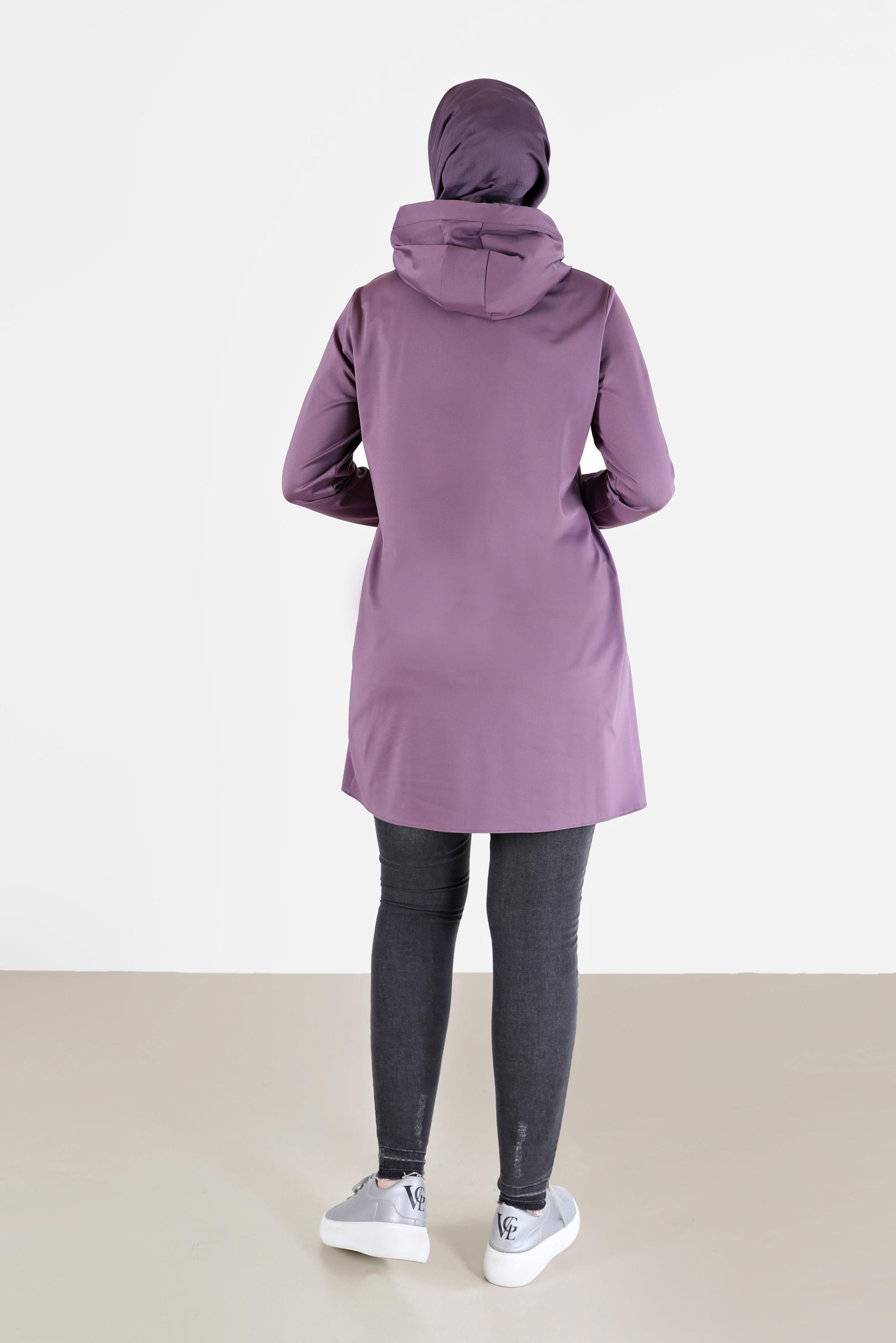 Tesettür giyim MOR PUL İŞLEME DETAYLI KAPÜŞONLU TUNİK 42370 