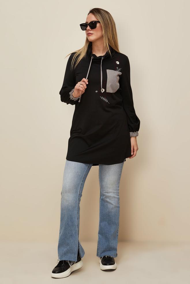 Tesettür giyim SİYAH EKOSE DESEN DETAYLI NAKIŞLI TUNİK 42371	 - ALVİNA