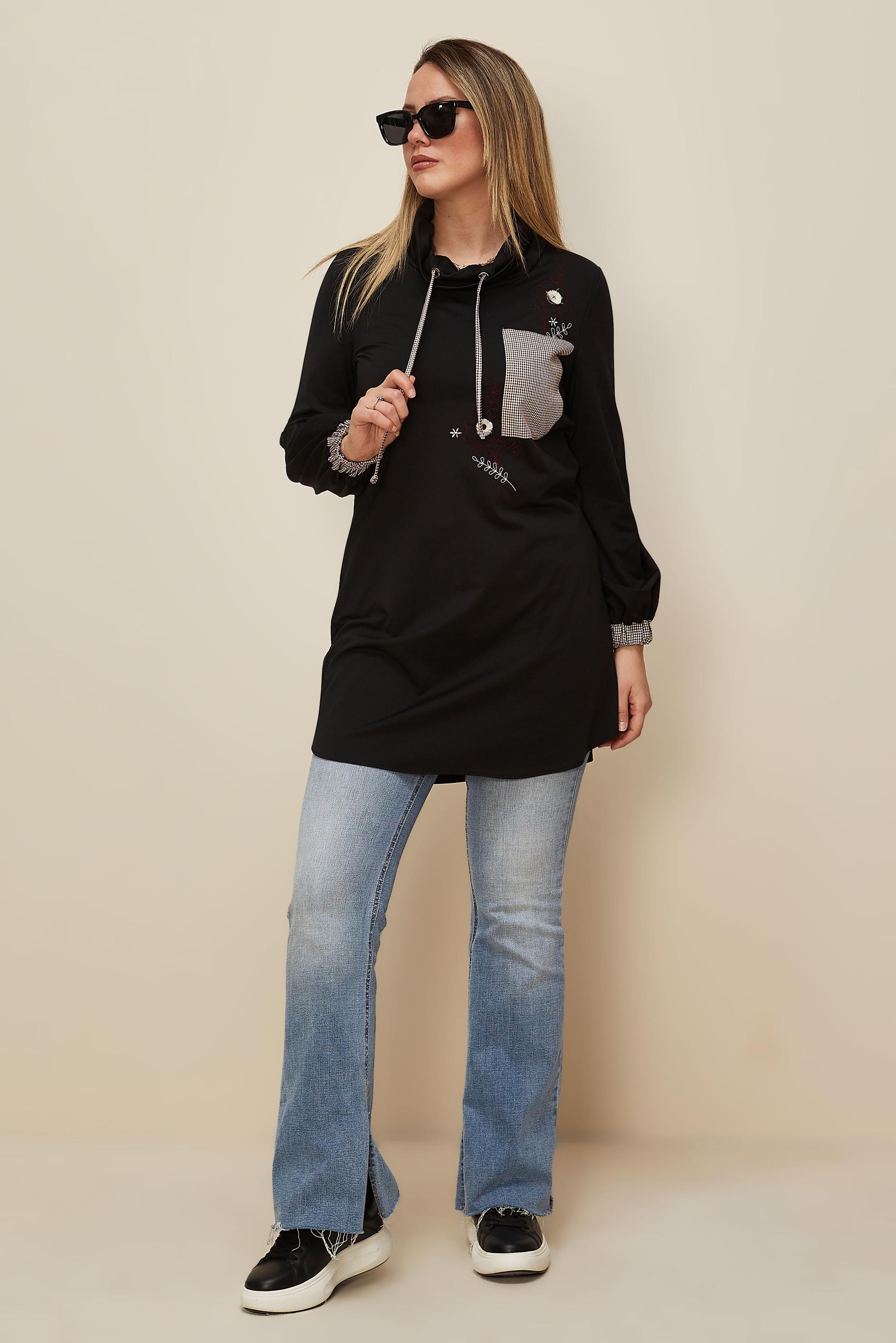 Hijab clothing BLACK CHECK DETAIL EMBROIDERED TUNIC 42371 