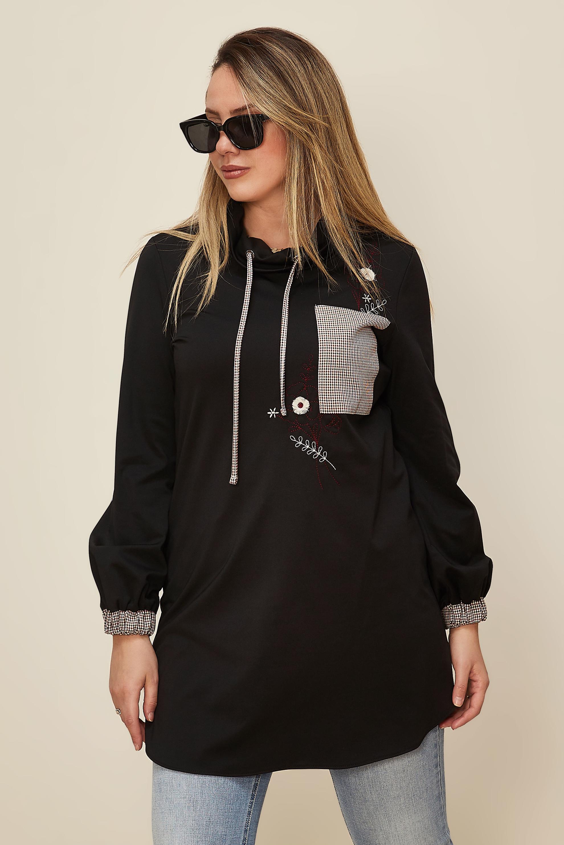 Hijab clothing BLACK CHECK DETAIL EMBROIDERED TUNIC 42371 