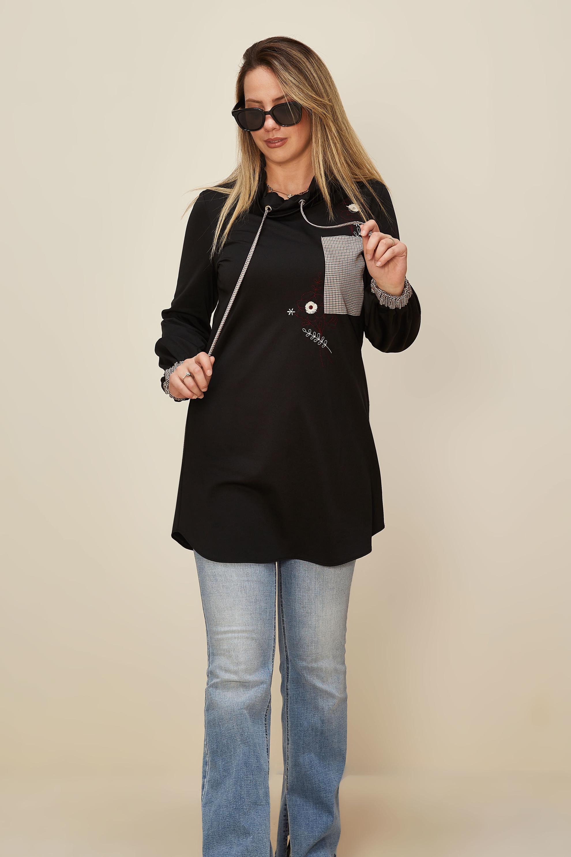 Hijab clothing BLACK CHECK DETAIL EMBROIDERED TUNIC 42371 