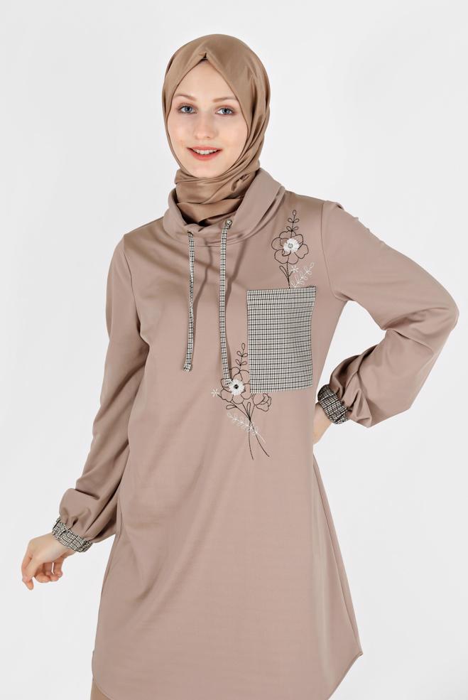 Tesettür giyim BEJ EKOSE DESEN DETAYLI NAKIŞLI TUNİK 42371	 - ALVİNA