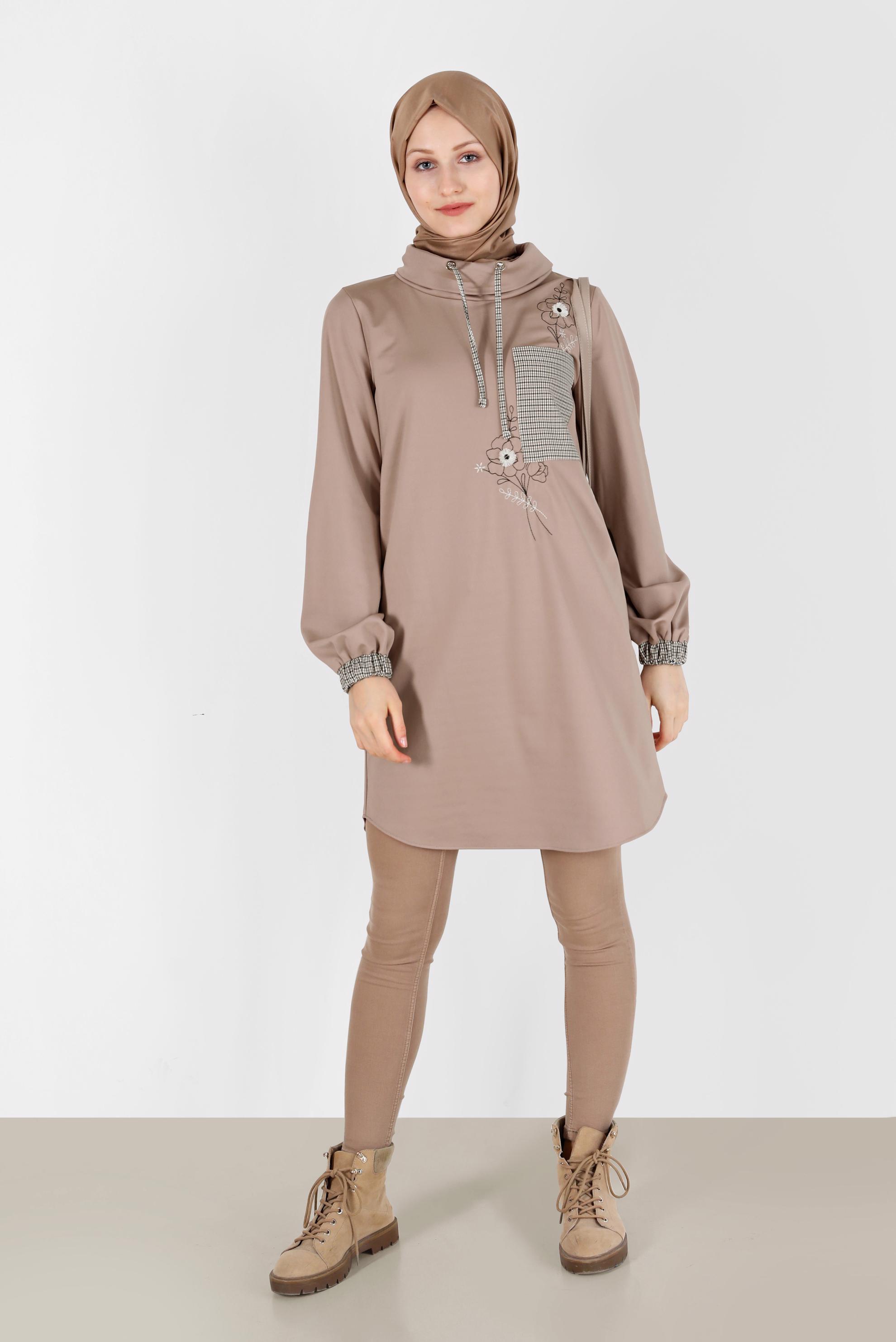 Vêtements hijab BEIGE TUNIQUE BRODÉE À CARREAUX 42371