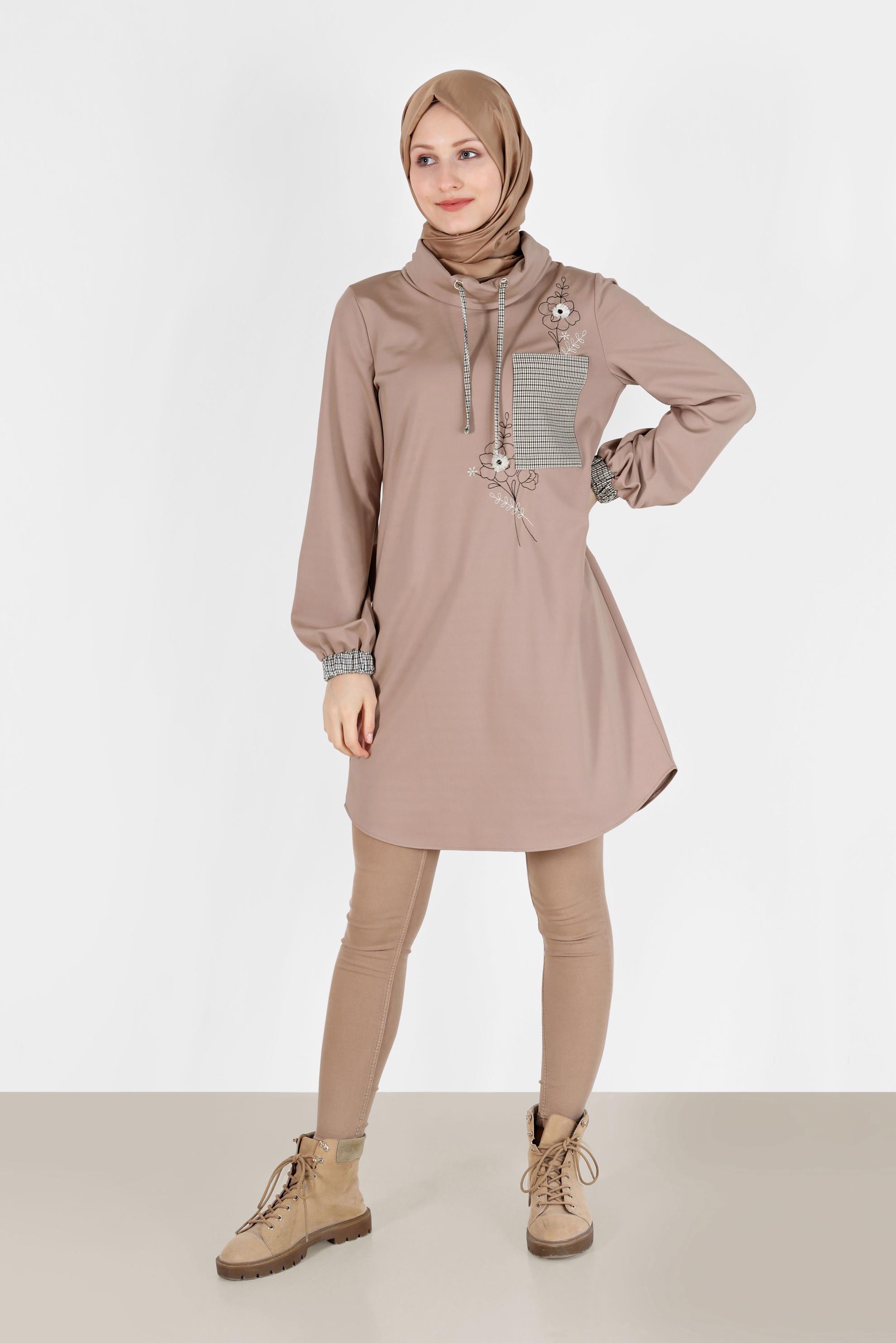 Vêtements hijab BEIGE TUNIQUE BRODÉE À CARREAUX 42371