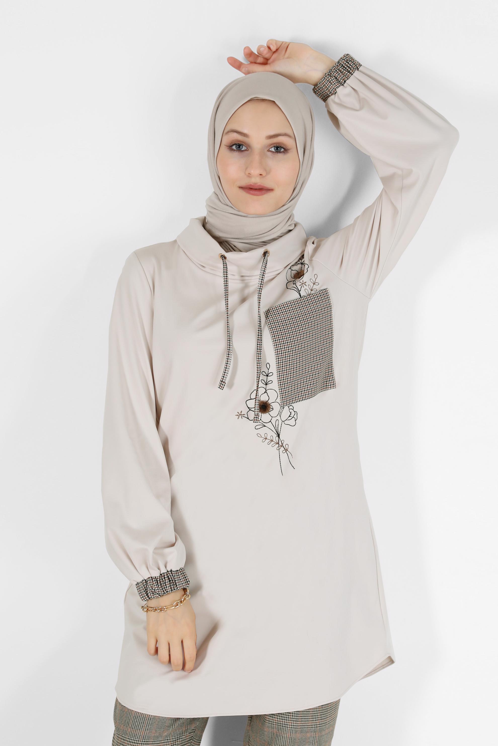 Hijab clothing BEIGE CHECK DETAIL EMBROIDERED TUNIC 42371 