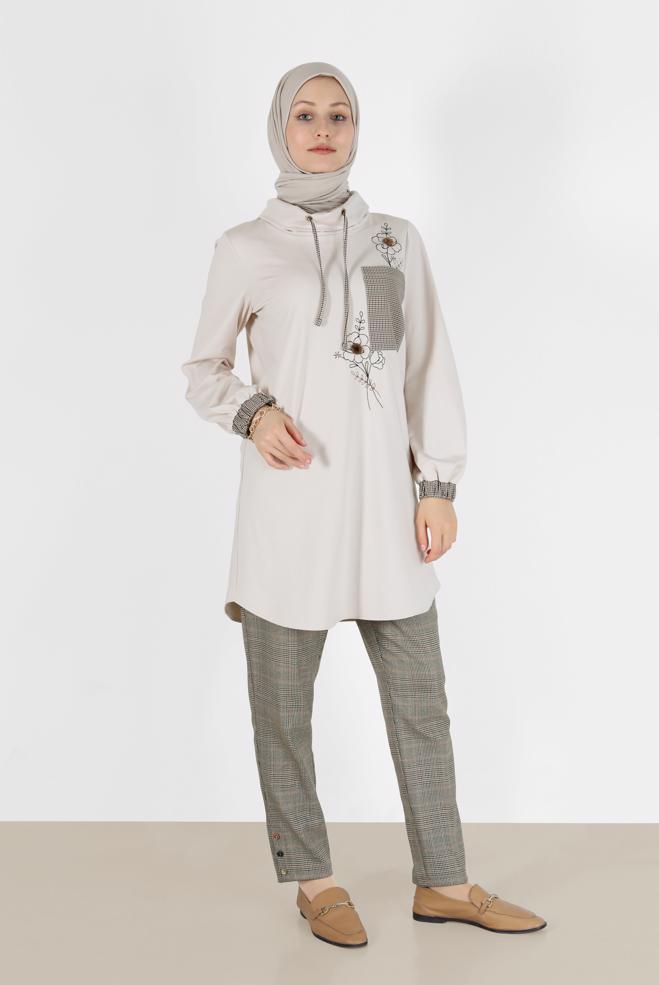 Tesettür giyim BEJ EKOSE DESEN DETAYLI NAKIŞLI TUNİK 42371	 - ALVİNA