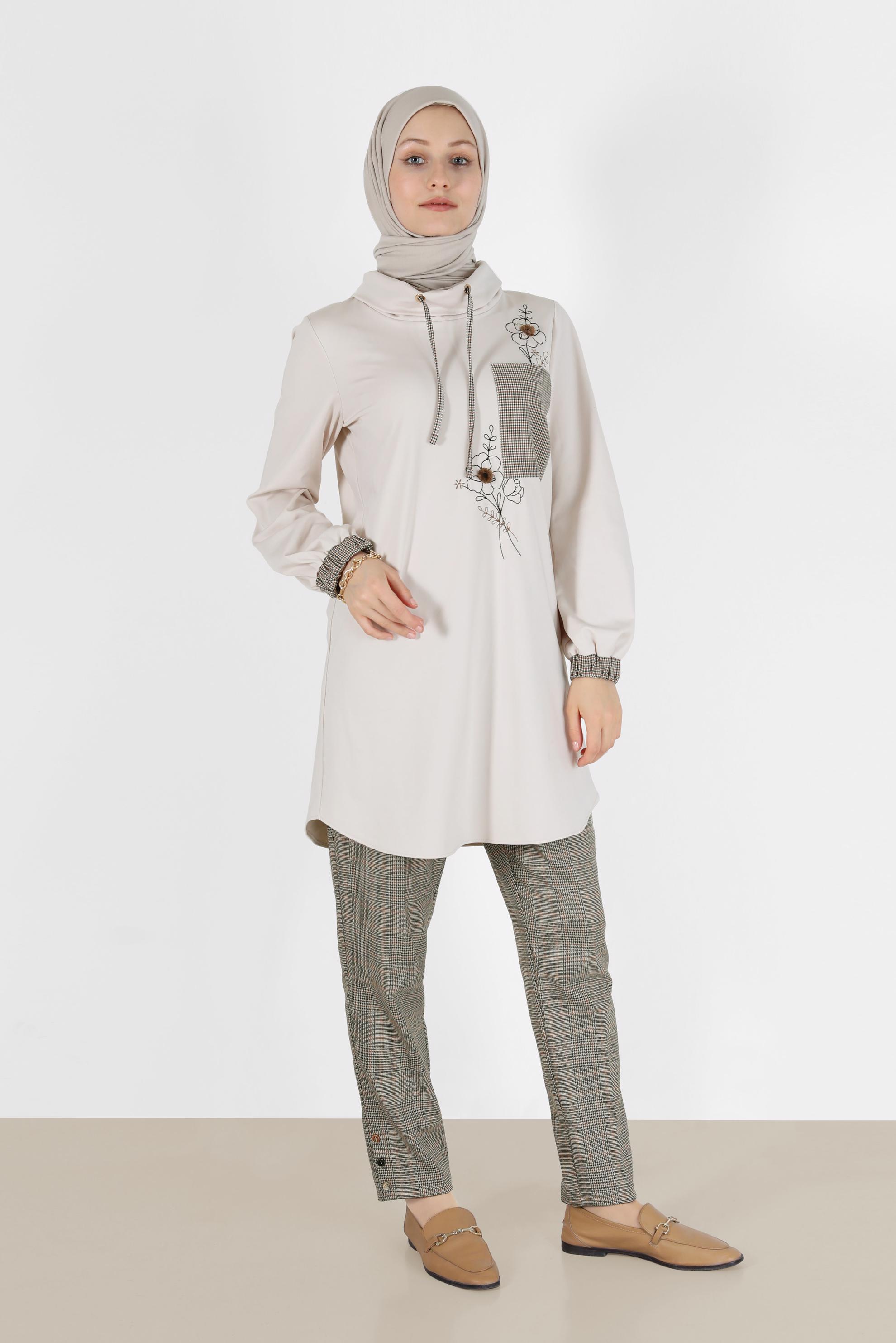 Hijab clothing BEIGE CHECK DETAIL EMBROIDERED TUNIC 42371 