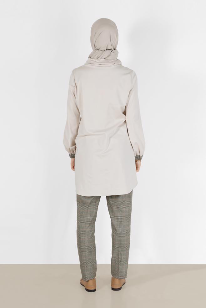 Tesettür giyim BEJ EKOSE DESEN DETAYLI NAKIŞLI TUNİK 42371	 - ALVİNA