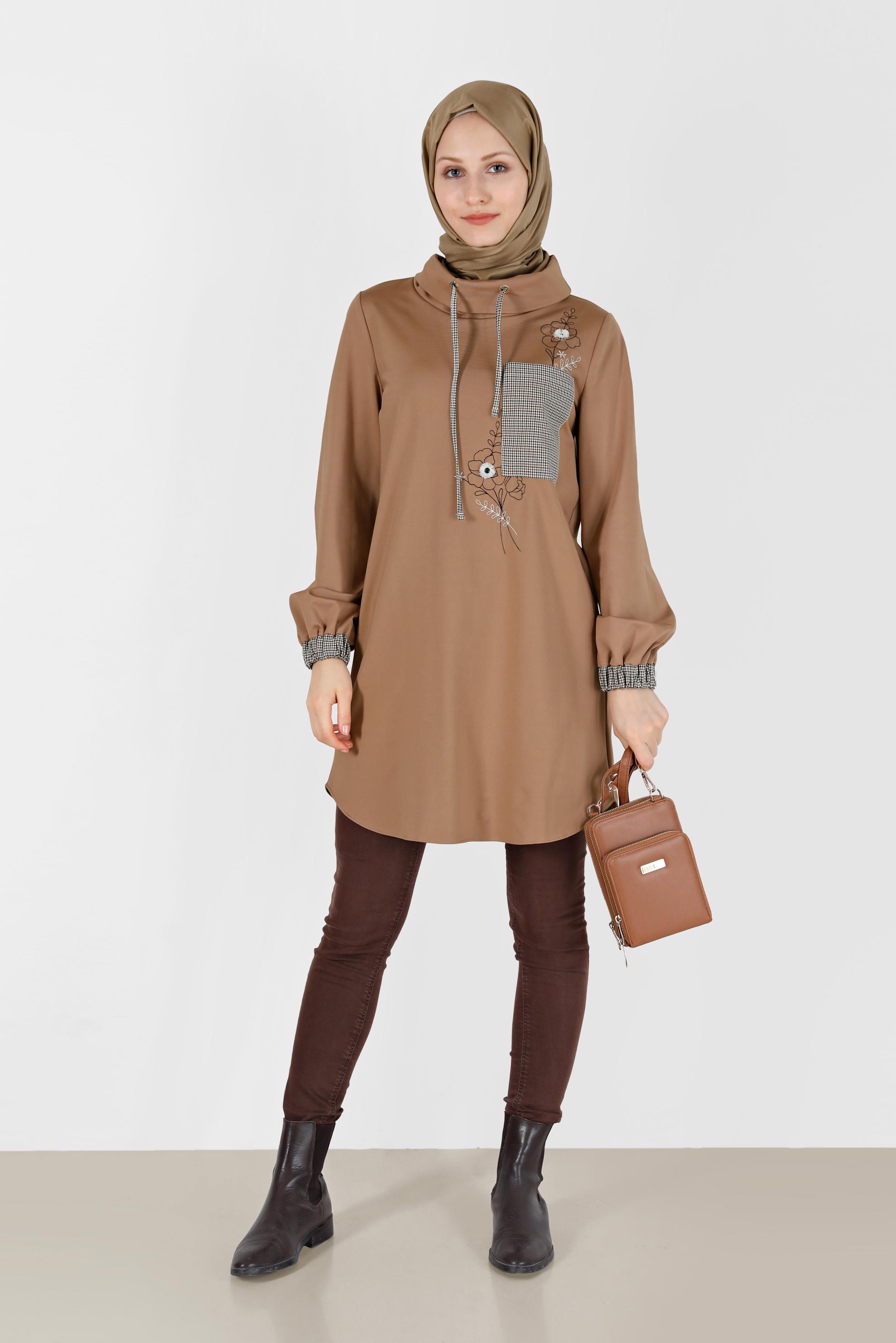 Hijab clothing BROWN CHECK DETAIL EMBROIDERED TUNIC 42371 
