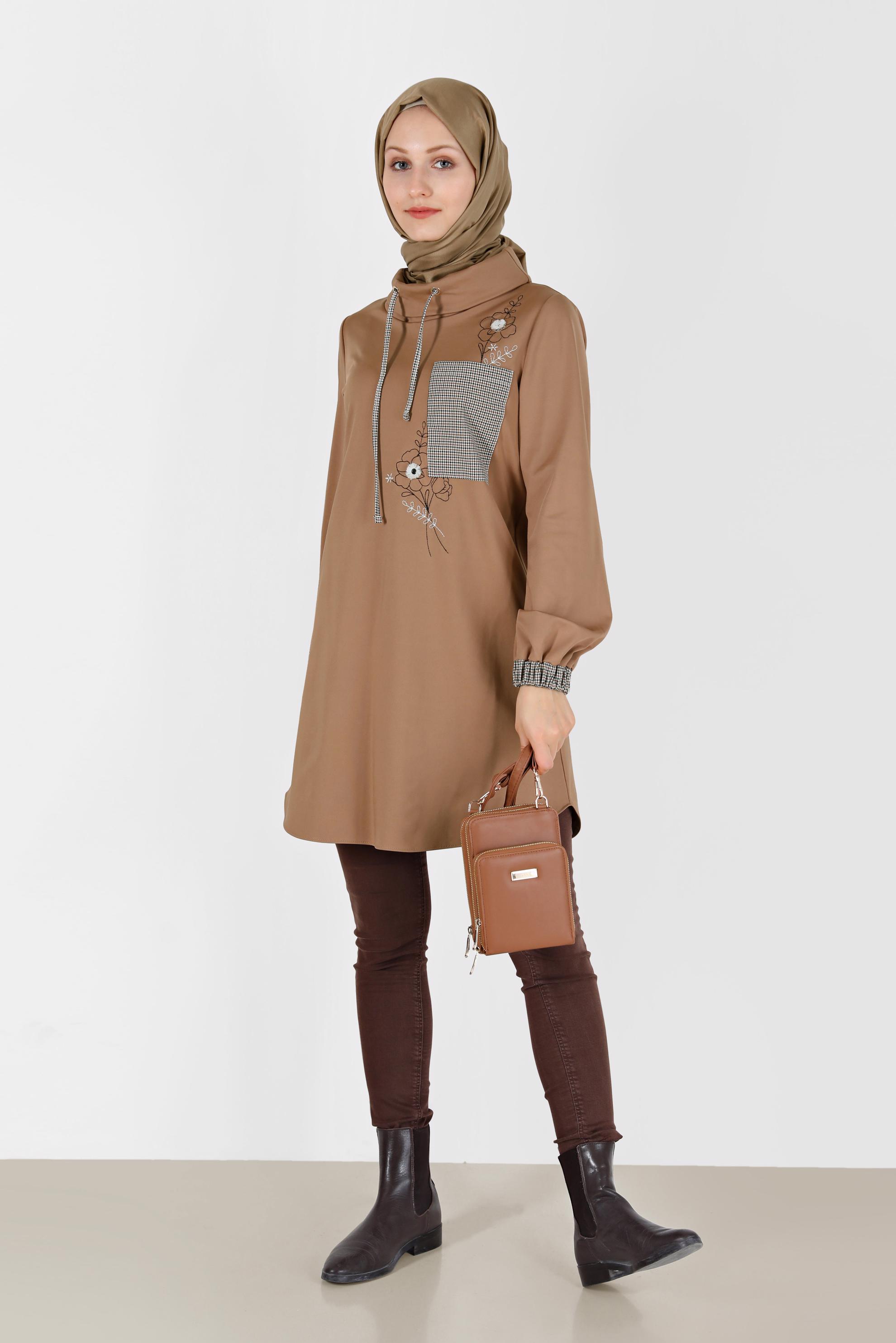Hijab clothing BROWN CHECK DETAIL EMBROIDERED TUNIC 42371 