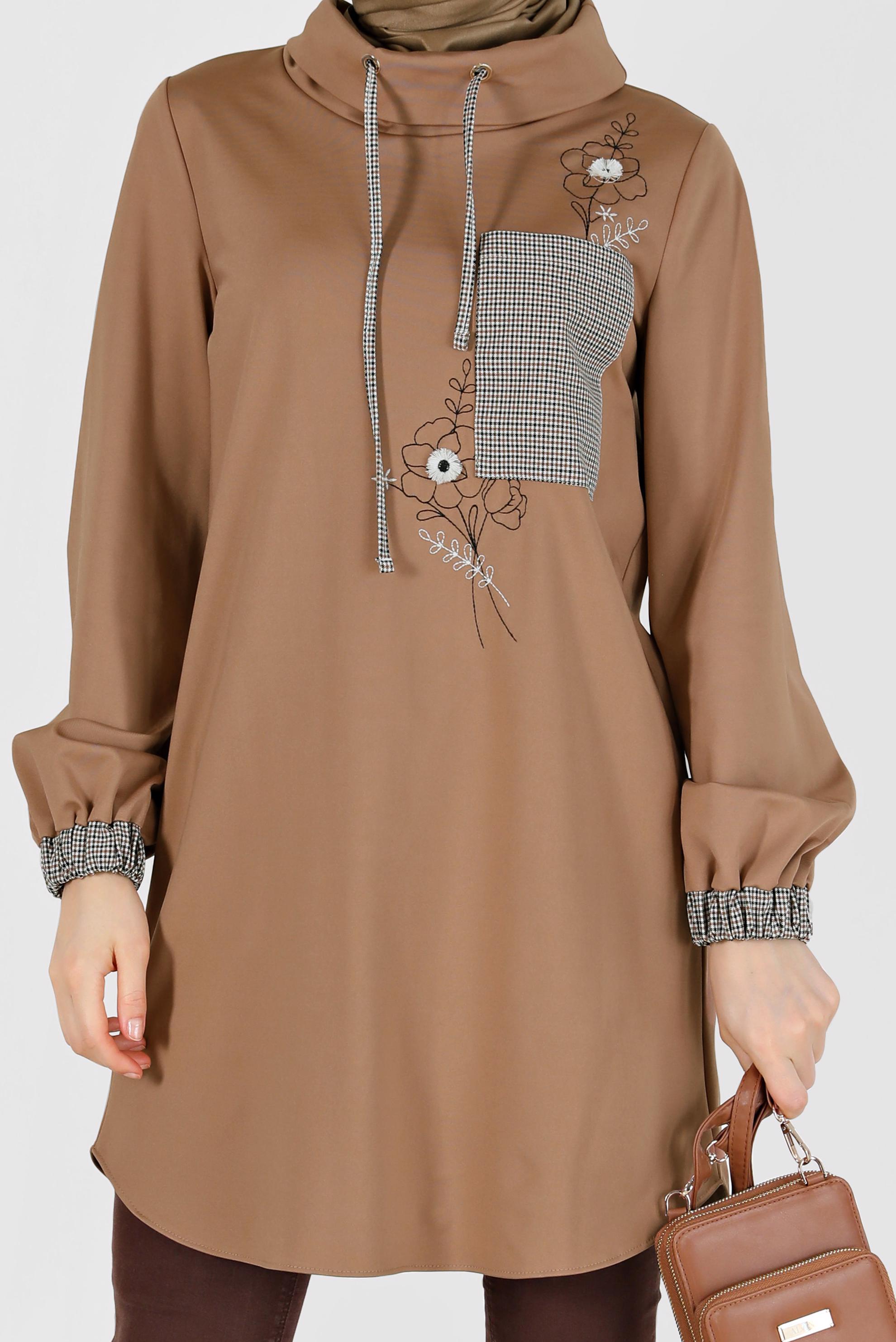 Hijab clothing BROWN CHECK DETAIL EMBROIDERED TUNIC 42371 