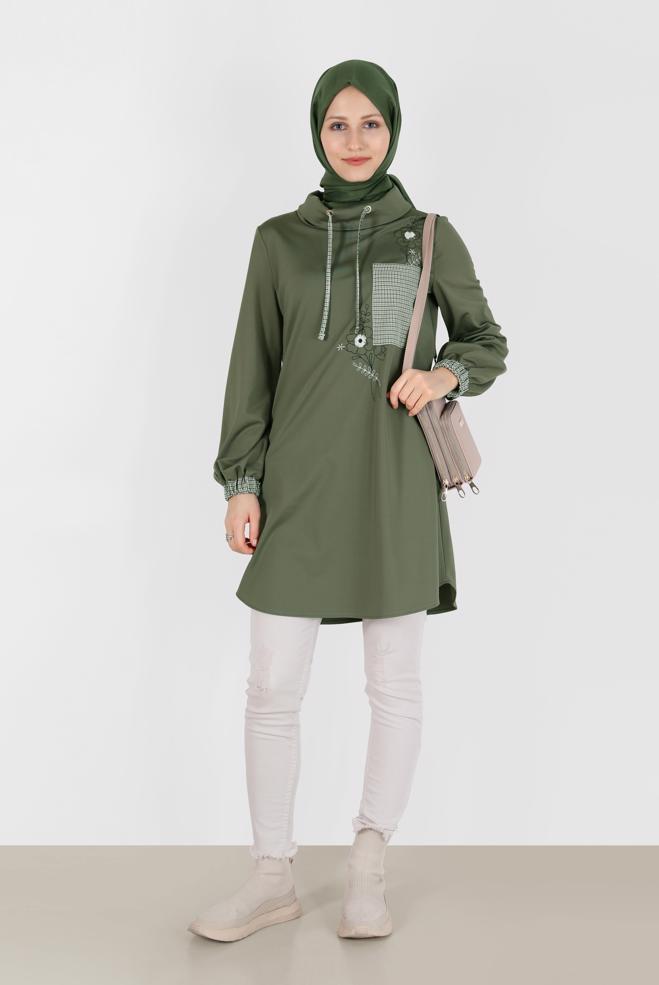 Tesettür giyim HAKİ EKOSE DESEN DETAYLI NAKIŞLI TUNİK 42371	 - ALVİNA