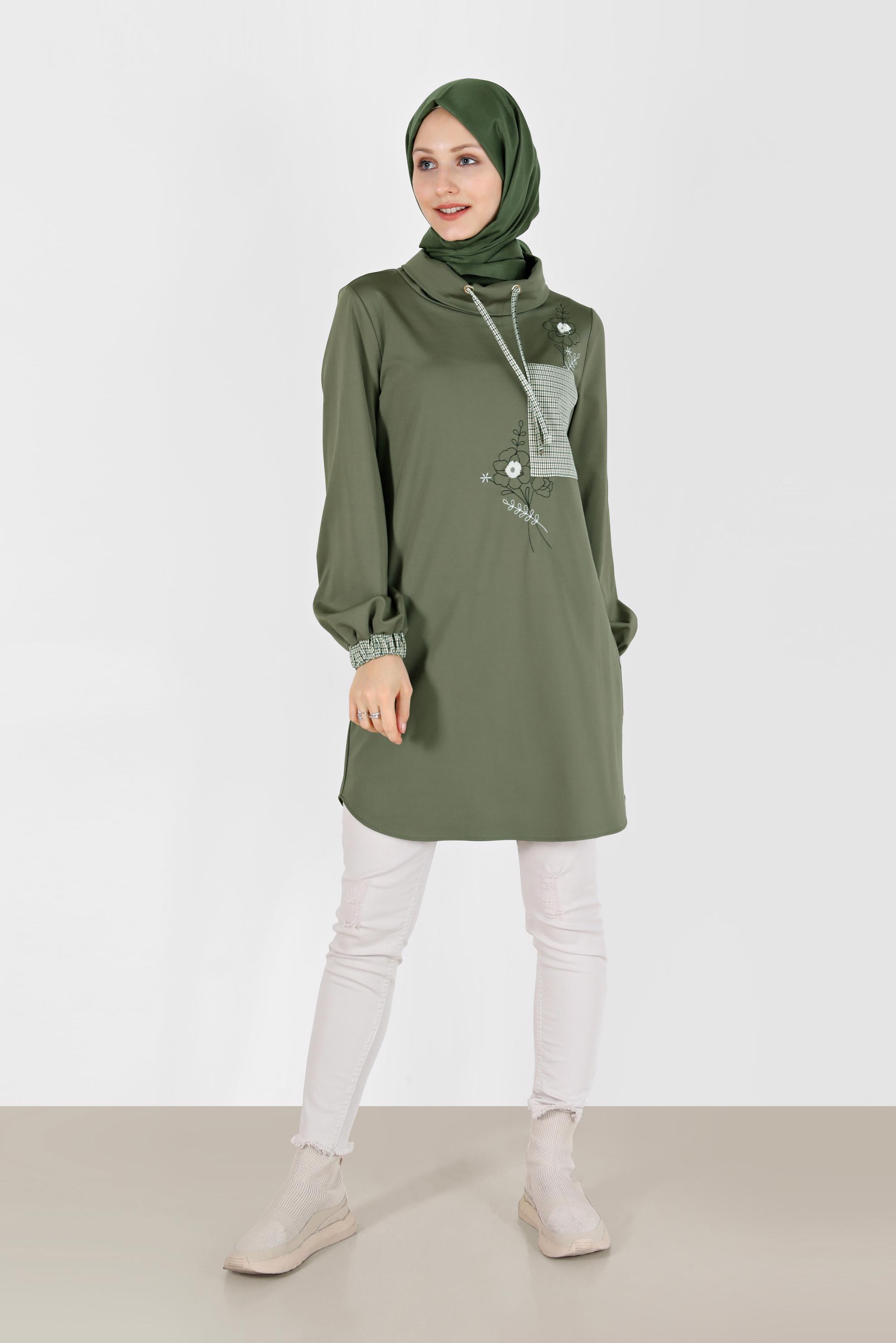 Hijab clothing KHAKI CHECK DETAIL EMBROIDERED TUNIC 42371 