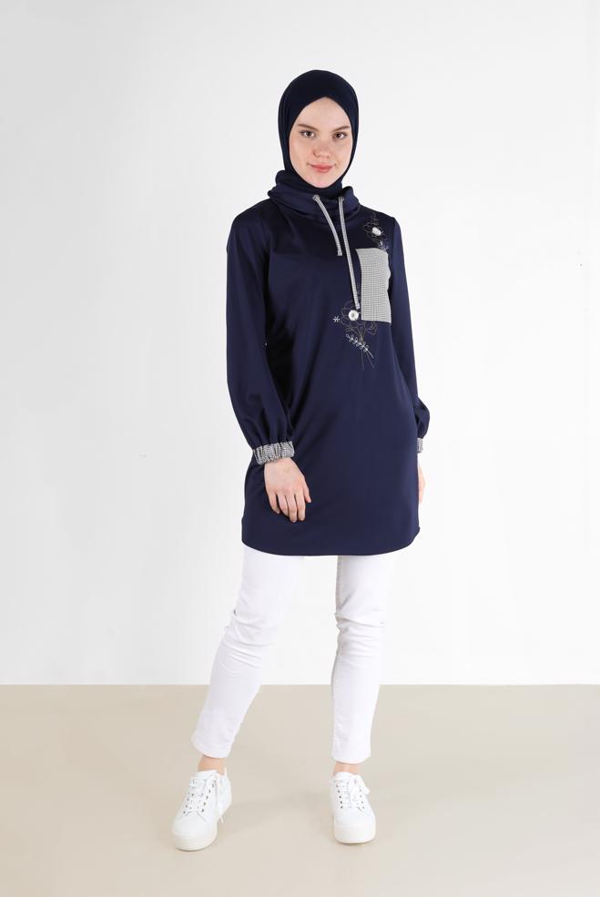 Tesettür giyim LACİVERT EKOSE DESEN DETAYLI NAKIŞLI TUNİK 42371	 - ALVİNA