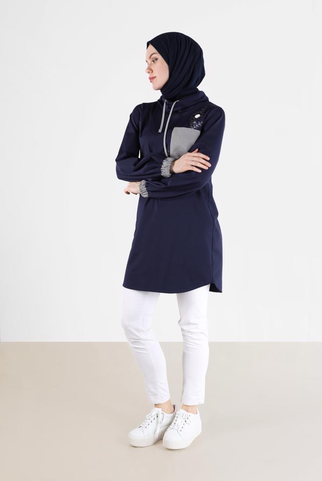 Tesettür giyim LACİVERT EKOSE DESEN DETAYLI NAKIŞLI TUNİK 42371	 - ALVİNA