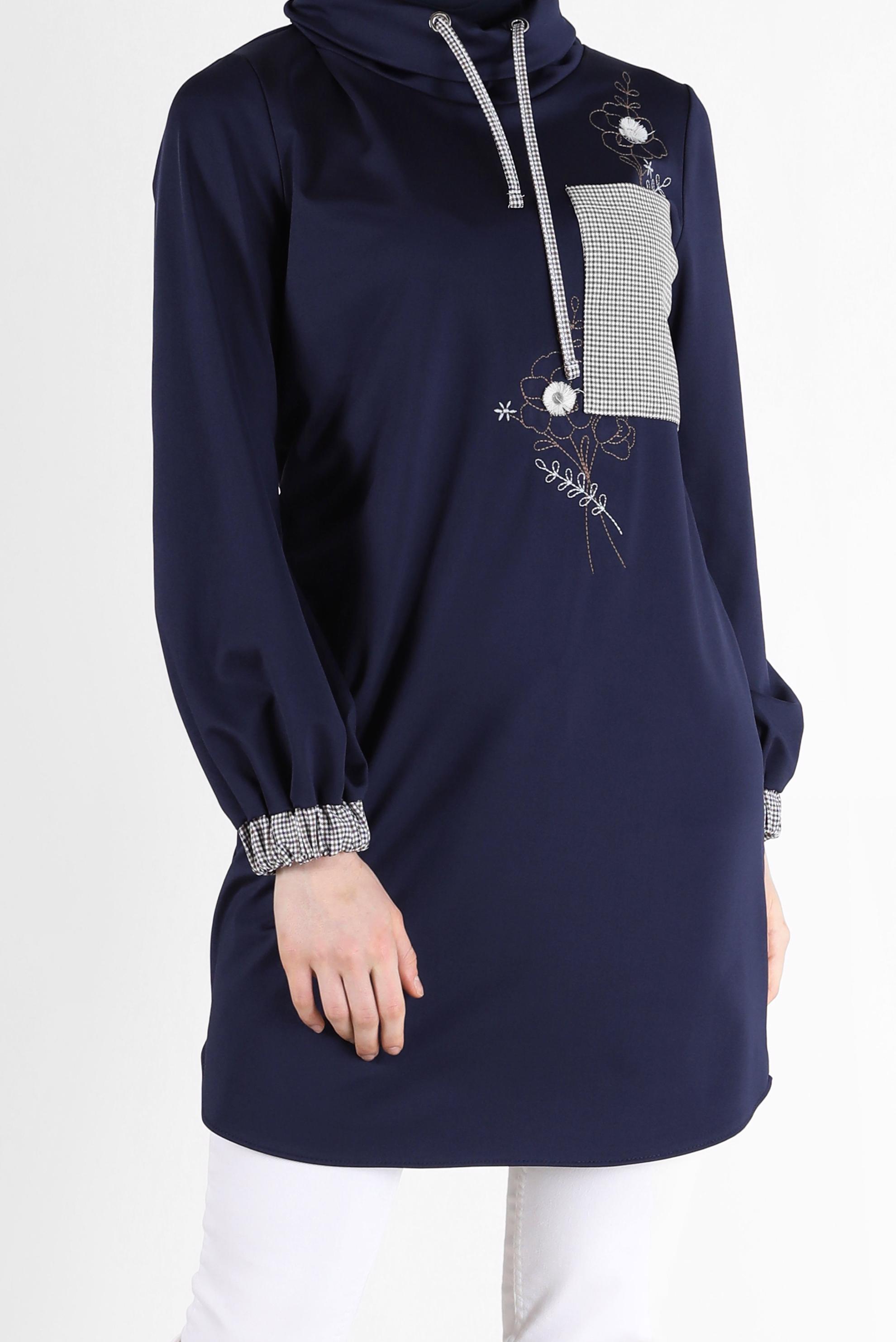 Tesettür giyim LACİVERT EKOSE DESEN DETAYLI NAKIŞLI TUNİK 42371	