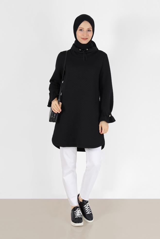Tesettür giyim SİYAH MANŞETLERİ LASTİKLİ KAPİTONE DESEN TUNİK 42372  - ALVİNA