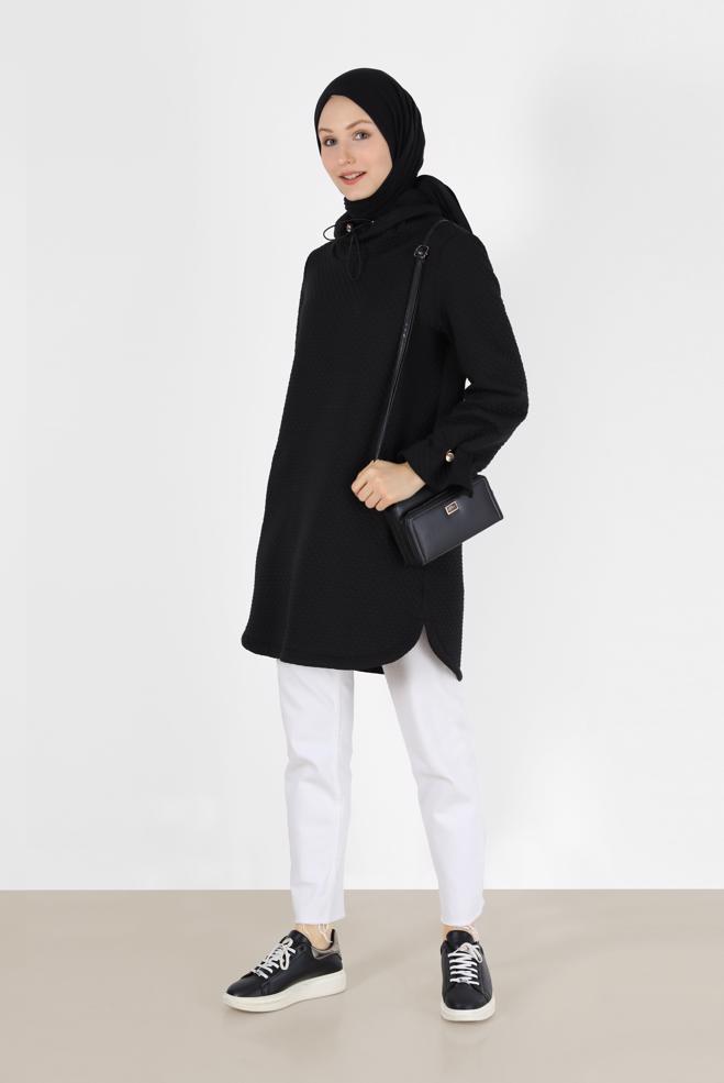 Tesettür giyim SİYAH MANŞETLERİ LASTİKLİ KAPİTONE DESEN TUNİK 42372  - ALVİNA