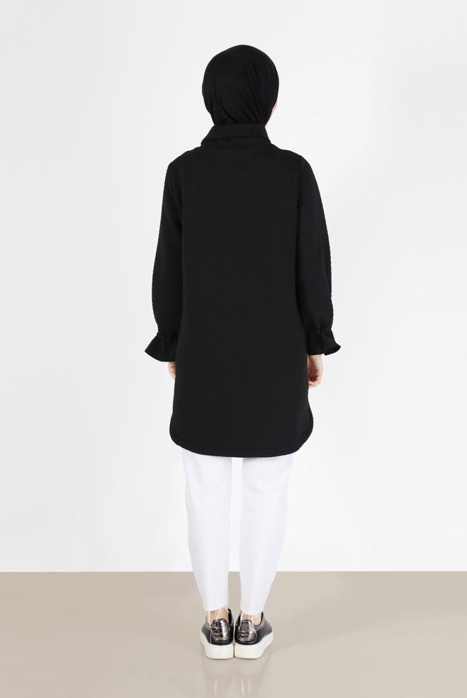 Tesettür giyim SİYAH MANŞETLERİ LASTİKLİ KAPİTONE DESEN TUNİK 42372  - ALVİNA
