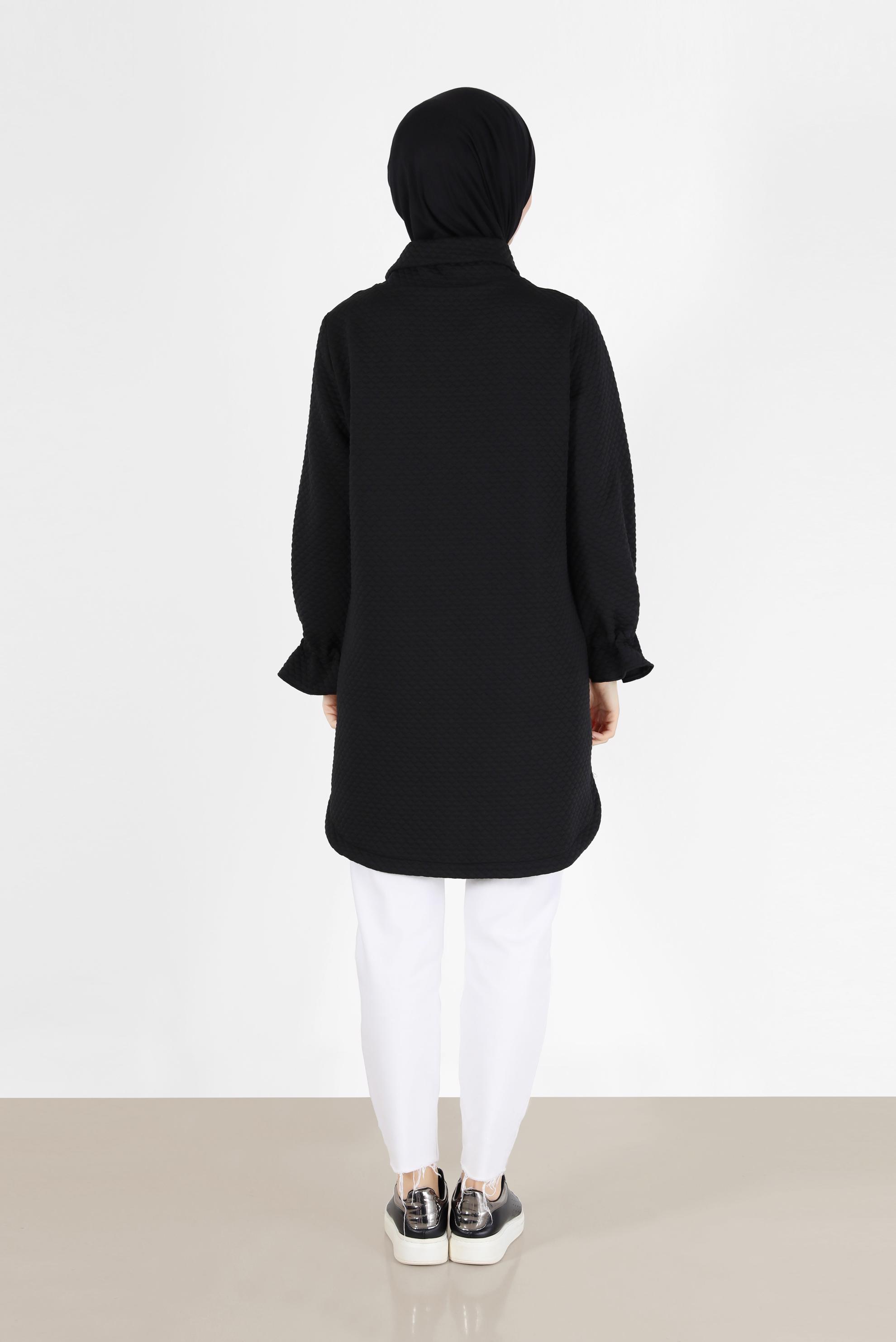 Tesettür giyim SİYAH MANŞETLERİ LASTİKLİ KAPİTONE DESEN TUNİK 42372 