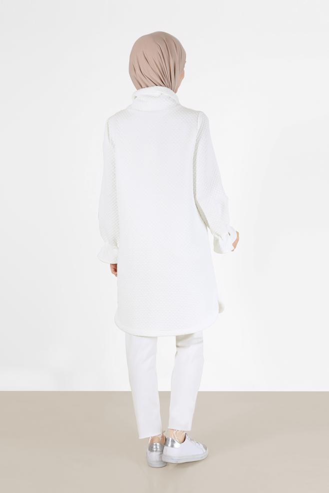 Tesettür giyim BEYAZ MANŞETLERİ LASTİKLİ KAPİTONE DESEN TUNİK 42372  - ALVİNA