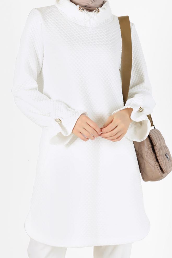 Tesettür giyim BEYAZ MANŞETLERİ LASTİKLİ KAPİTONE DESEN TUNİK 42372  - ALVİNA