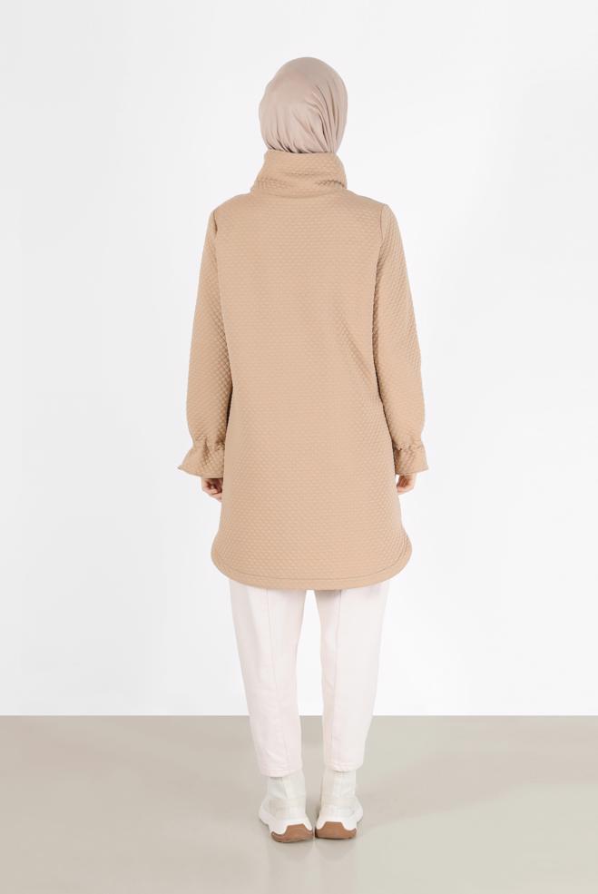 Tesettür giyim BEJ MANŞETLERİ LASTİKLİ KAPİTONE DESEN TUNİK 42372  - ALVİNA