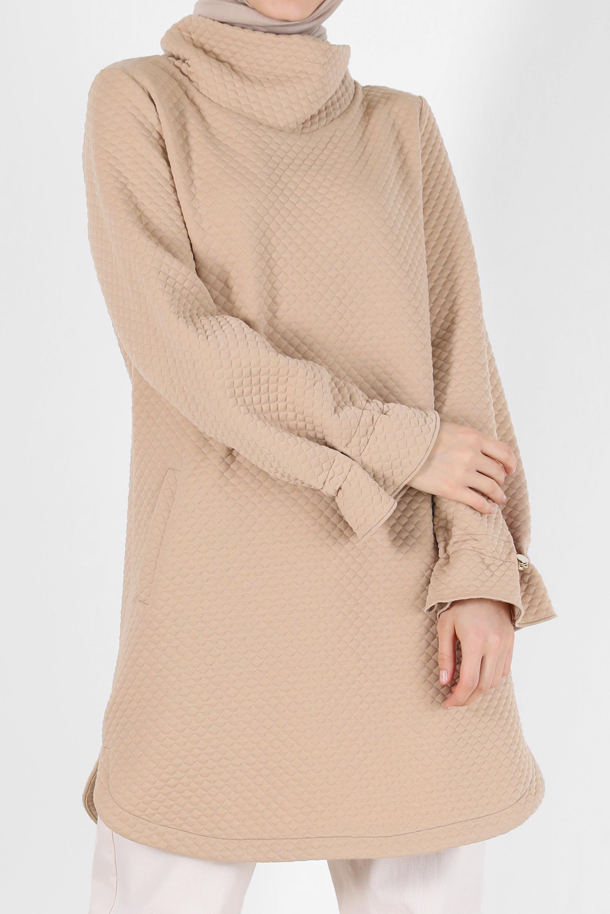 Tesettür giyim BEJ MANŞETLERİ LASTİKLİ KAPİTONE DESEN TUNİK 42372 