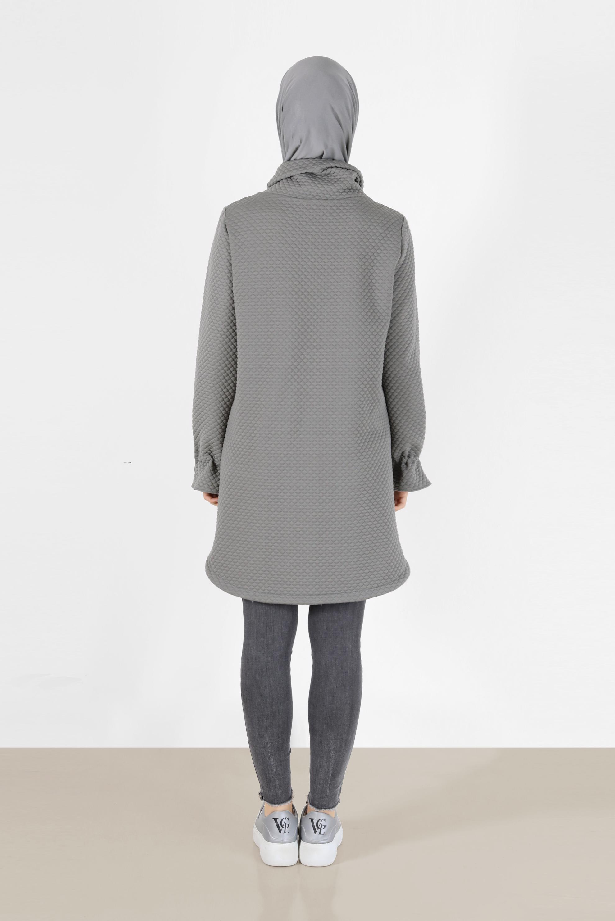 Tesettür giyim GRİ MANŞETLERİ LASTİKLİ KAPİTONE DESEN TUNİK 42372 