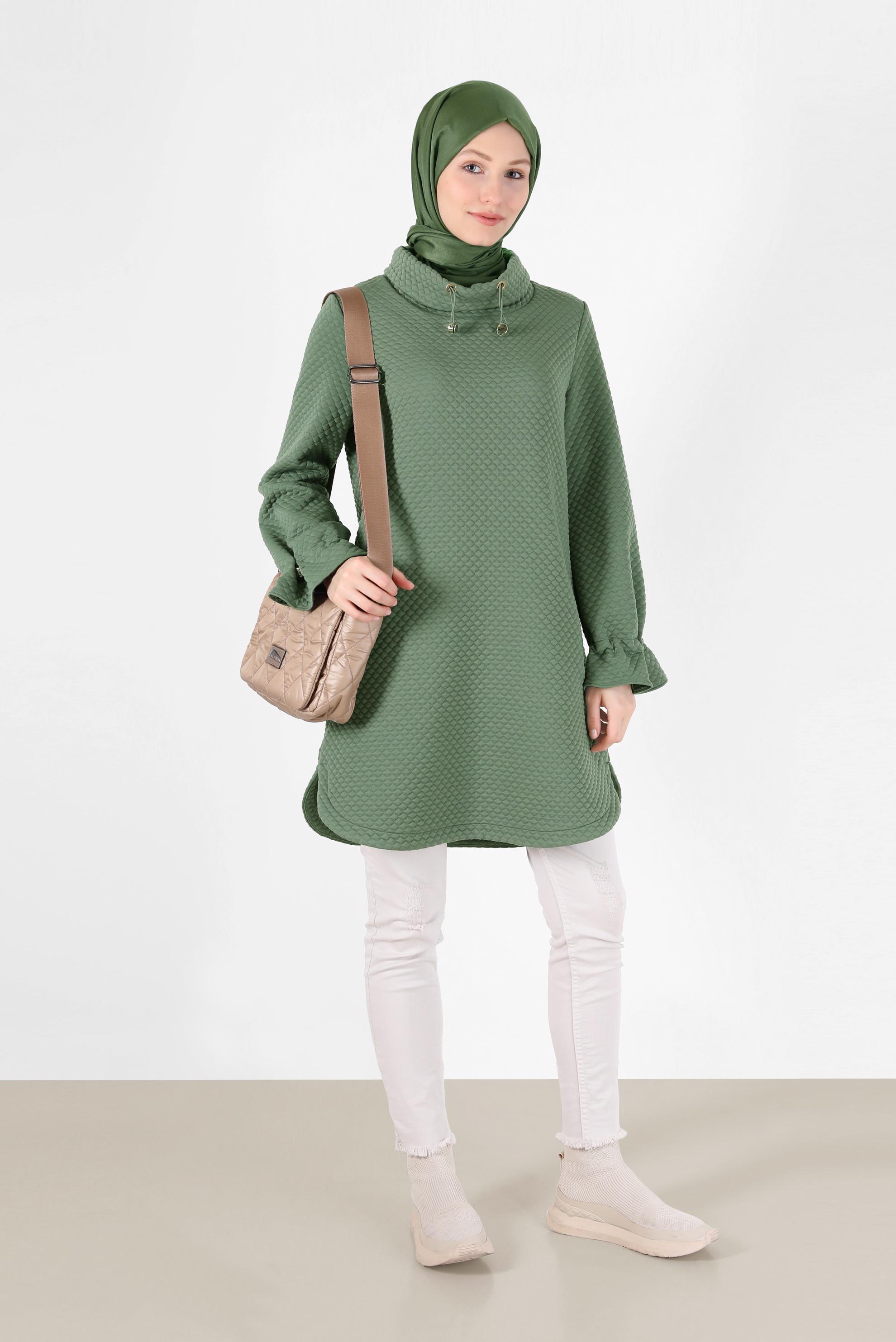 Tesettür giyim HAKİ MANŞETLERİ LASTİKLİ KAPİTONE DESEN TUNİK 42372 