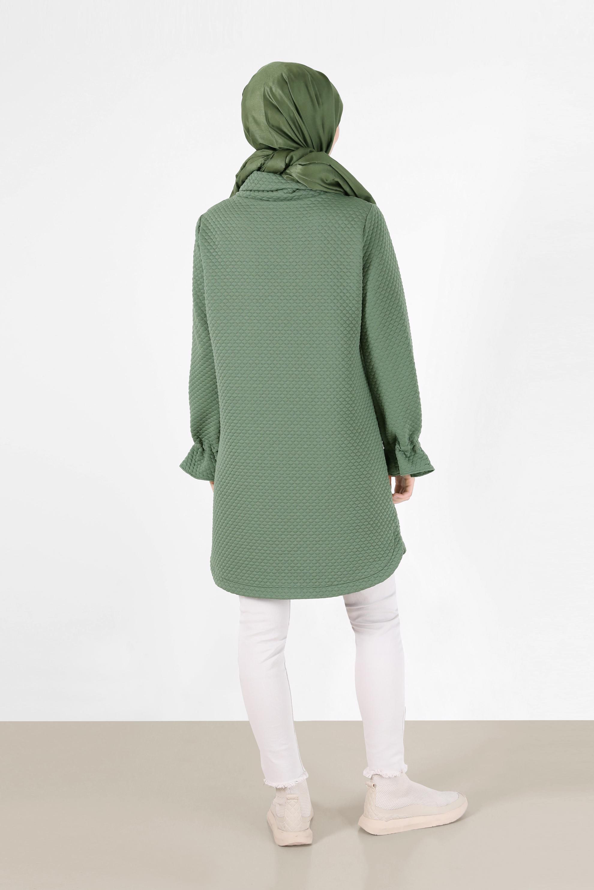 Tesettür giyim HAKİ MANŞETLERİ LASTİKLİ KAPİTONE DESEN TUNİK 42372 