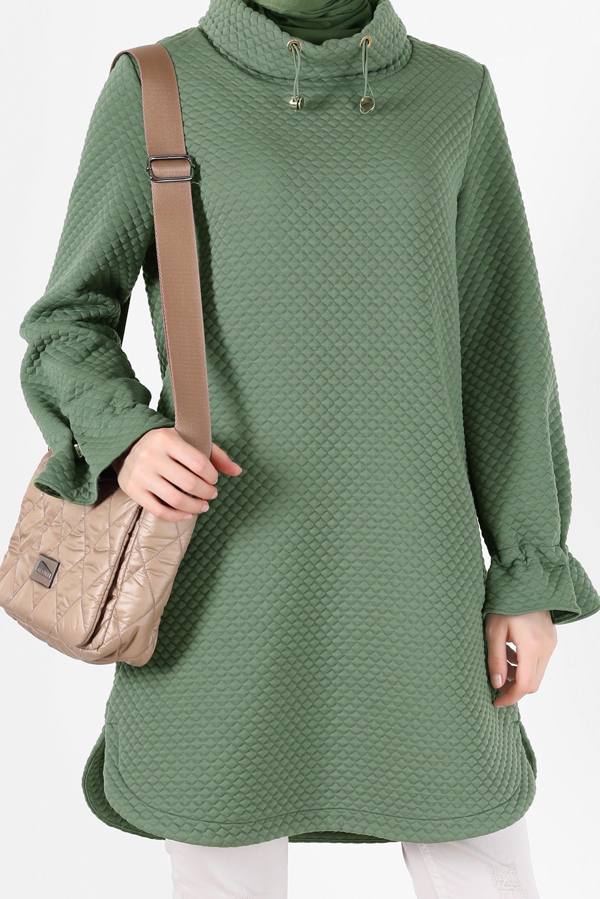 Tesettür giyim HAKİ MANŞETLERİ LASTİKLİ KAPİTONE DESEN TUNİK 42372 