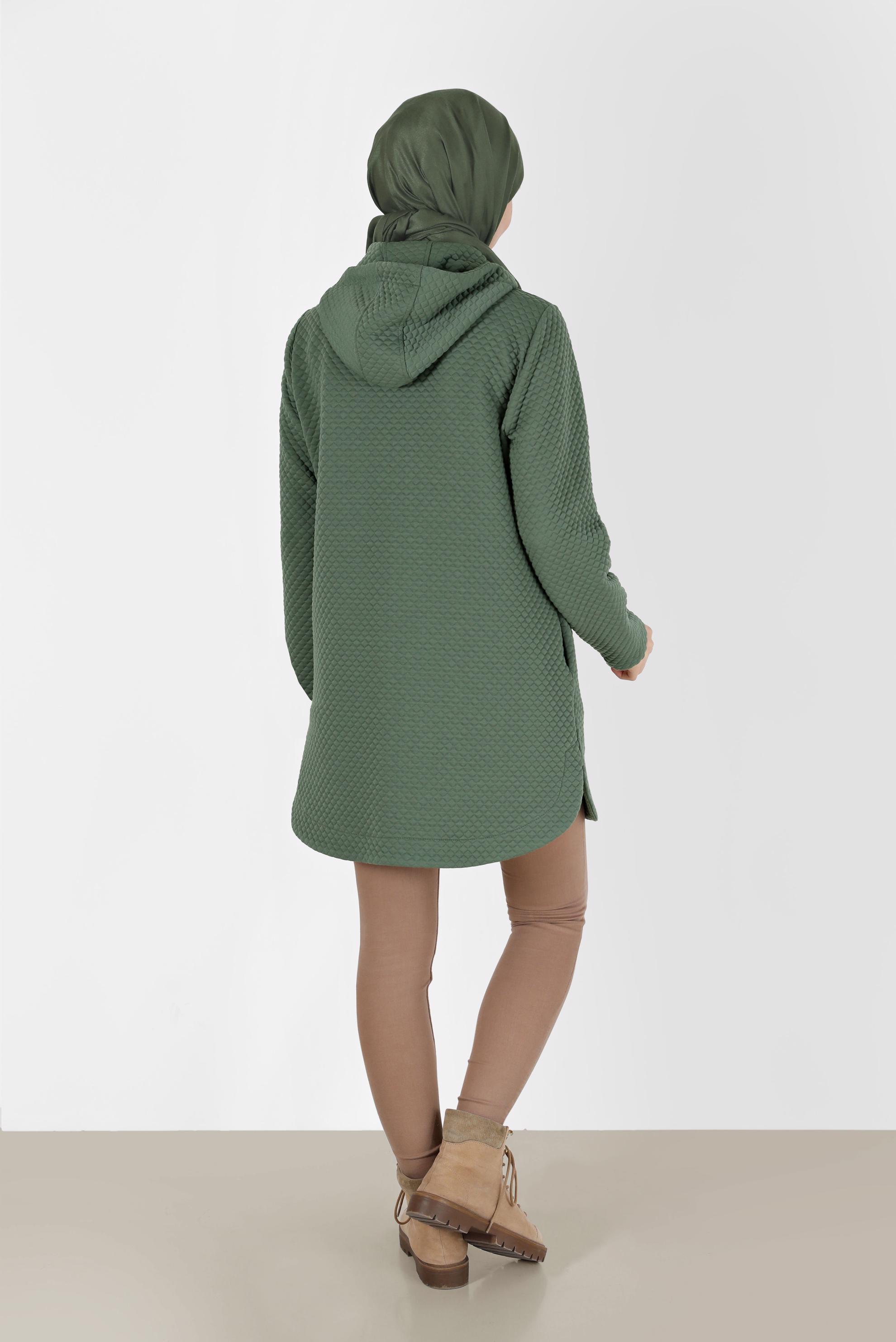 Tesettür giyim HAKİ CEP DETAYLI KAPÜŞONLU KAPİTONE TUNİK 42373 