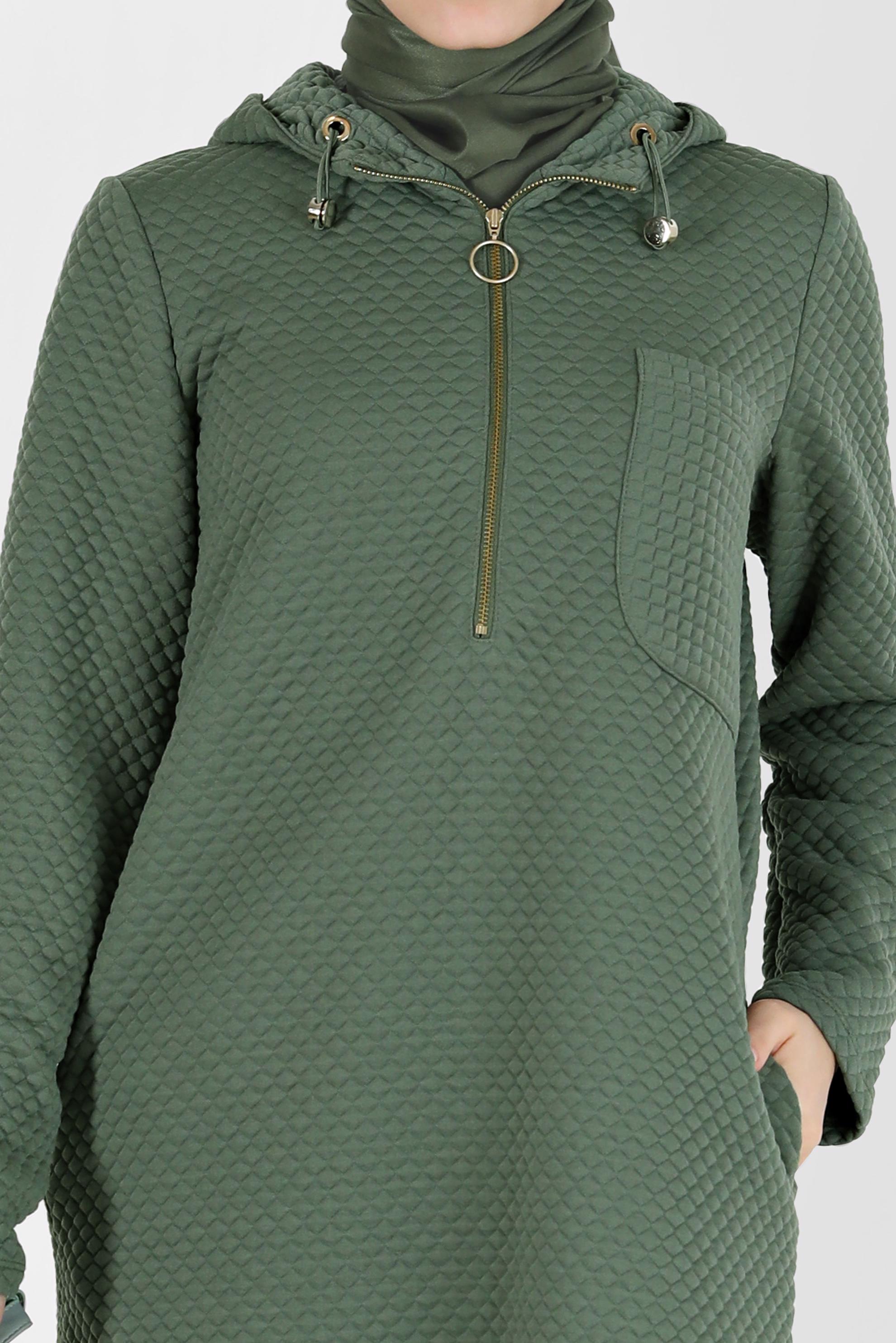 Tesettür giyim HAKİ CEP DETAYLI KAPÜŞONLU KAPİTONE TUNİK 42373 