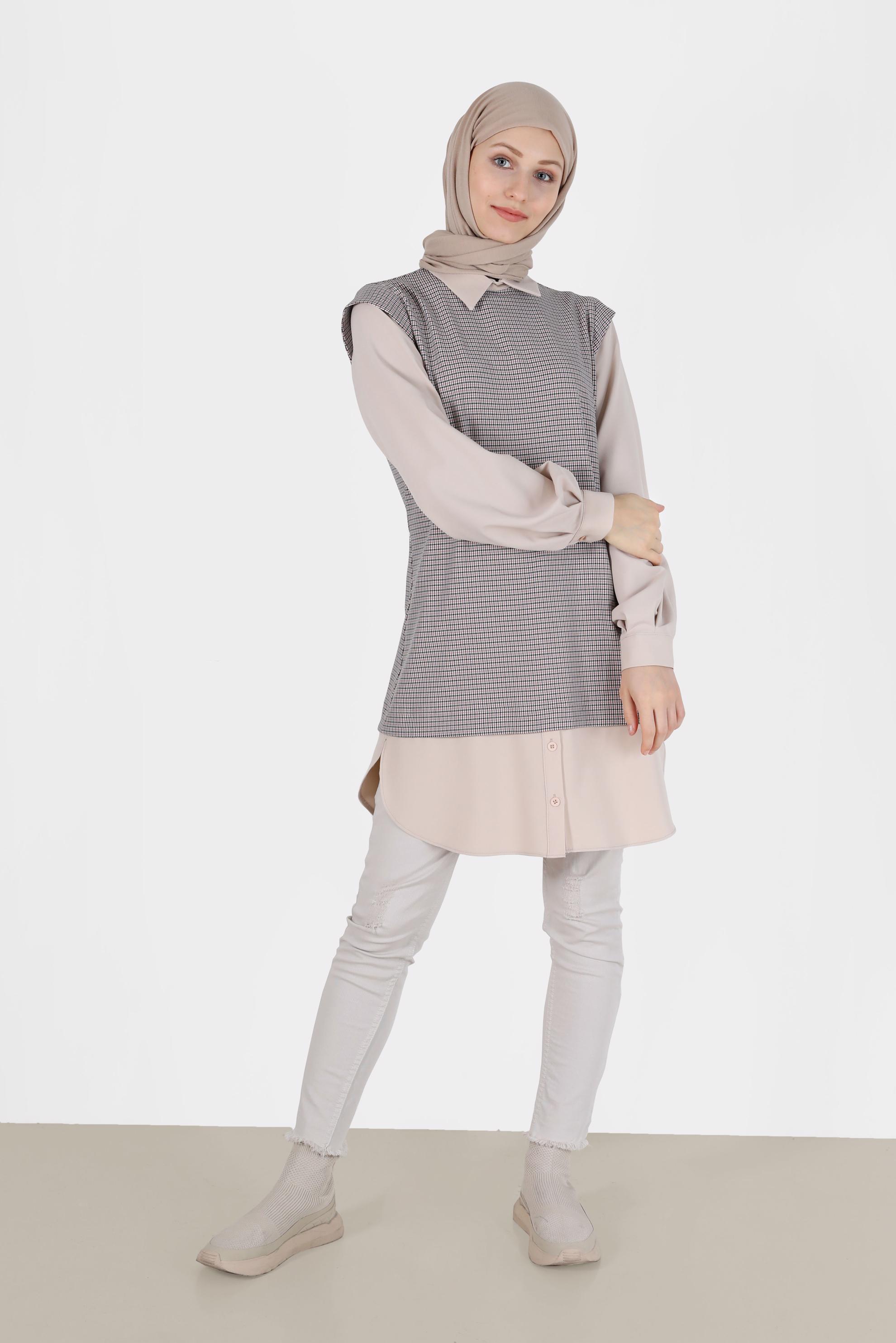 Tesettür giyim KIRMIZI İKİ PARÇA GÖRÜNÜMLÜ EKOSE TUNİK 42374 