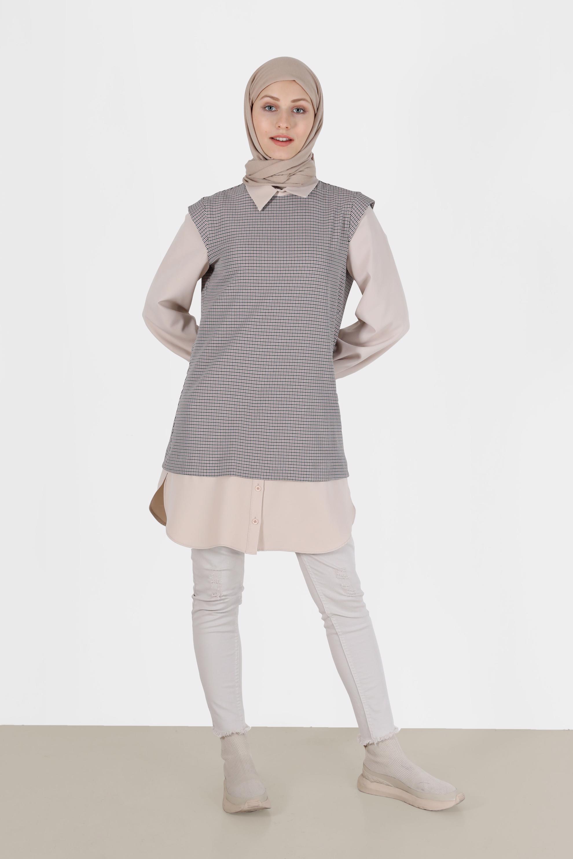 Tesettür giyim KIRMIZI İKİ PARÇA GÖRÜNÜMLÜ EKOSE TUNİK 42374 