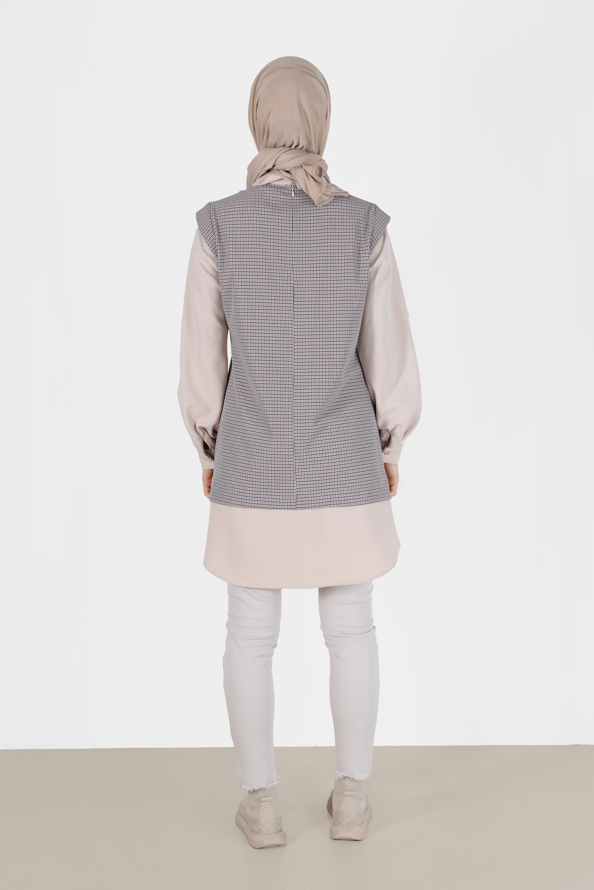 Tesettür giyim KIRMIZI İKİ PARÇA GÖRÜNÜMLÜ EKOSE TUNİK 42374 