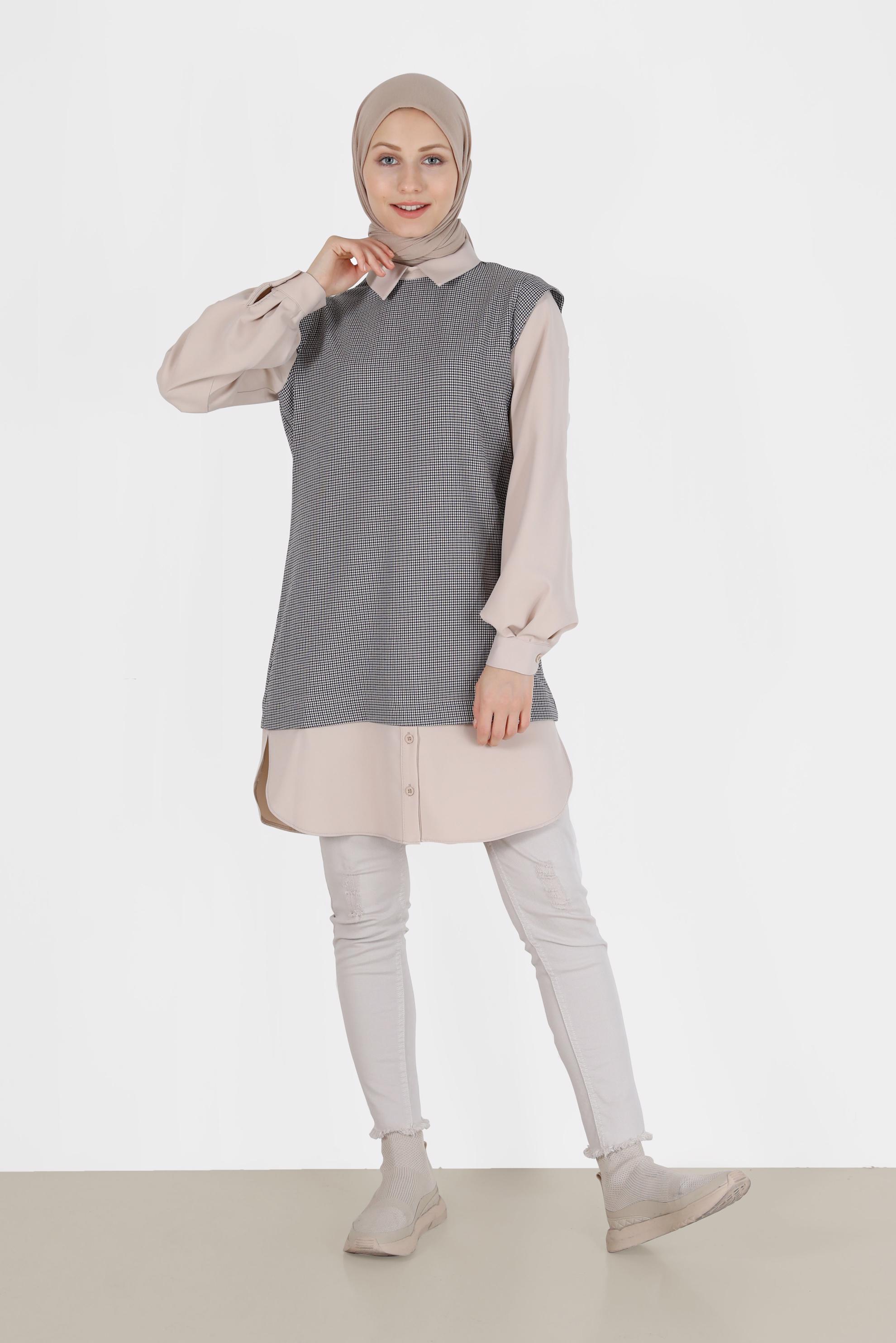 Tesettür giyim MOR İKİ PARÇA GÖRÜNÜMLÜ EKOSE TUNİK 42374 