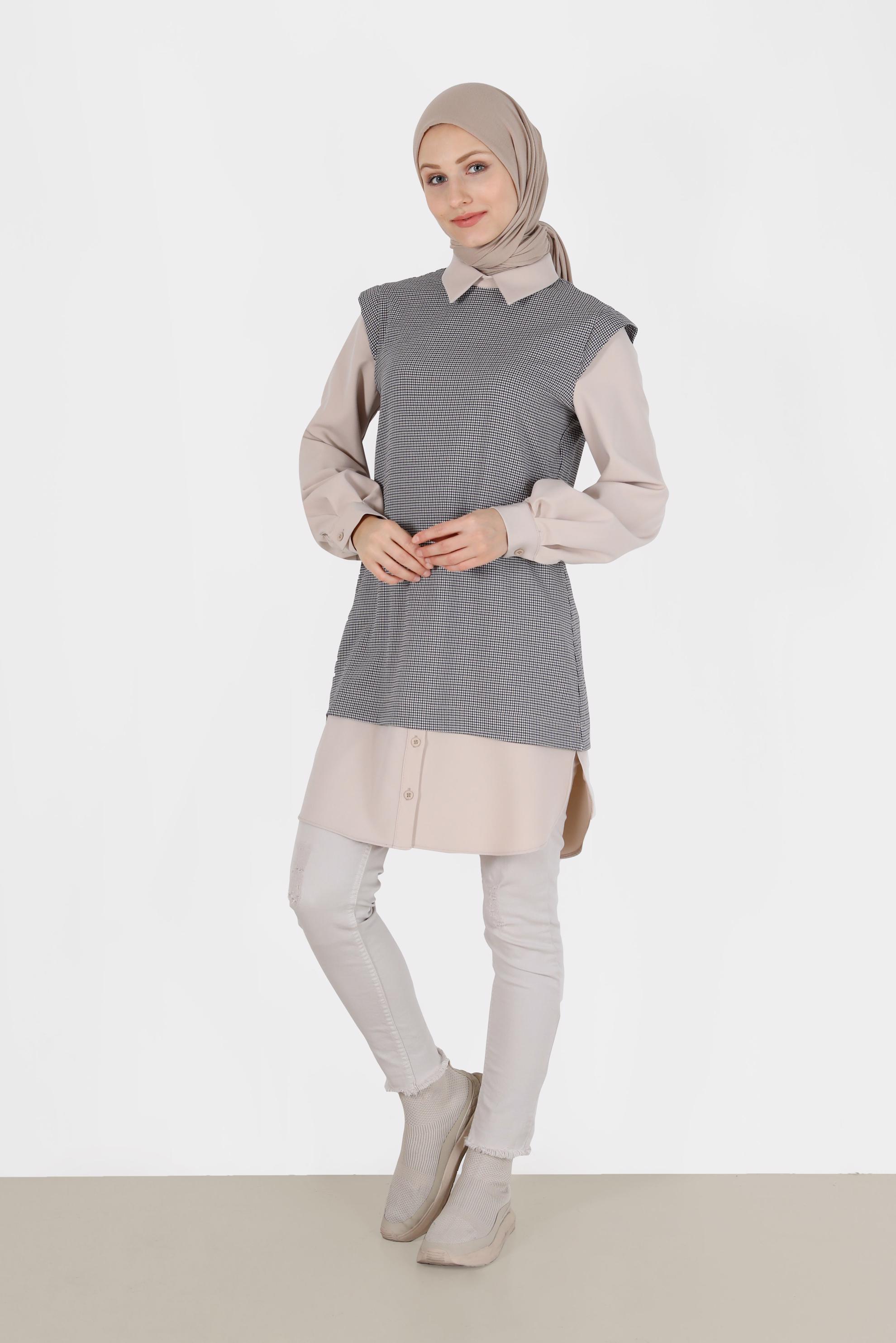 Tesettür giyim MOR İKİ PARÇA GÖRÜNÜMLÜ EKOSE TUNİK 42374 