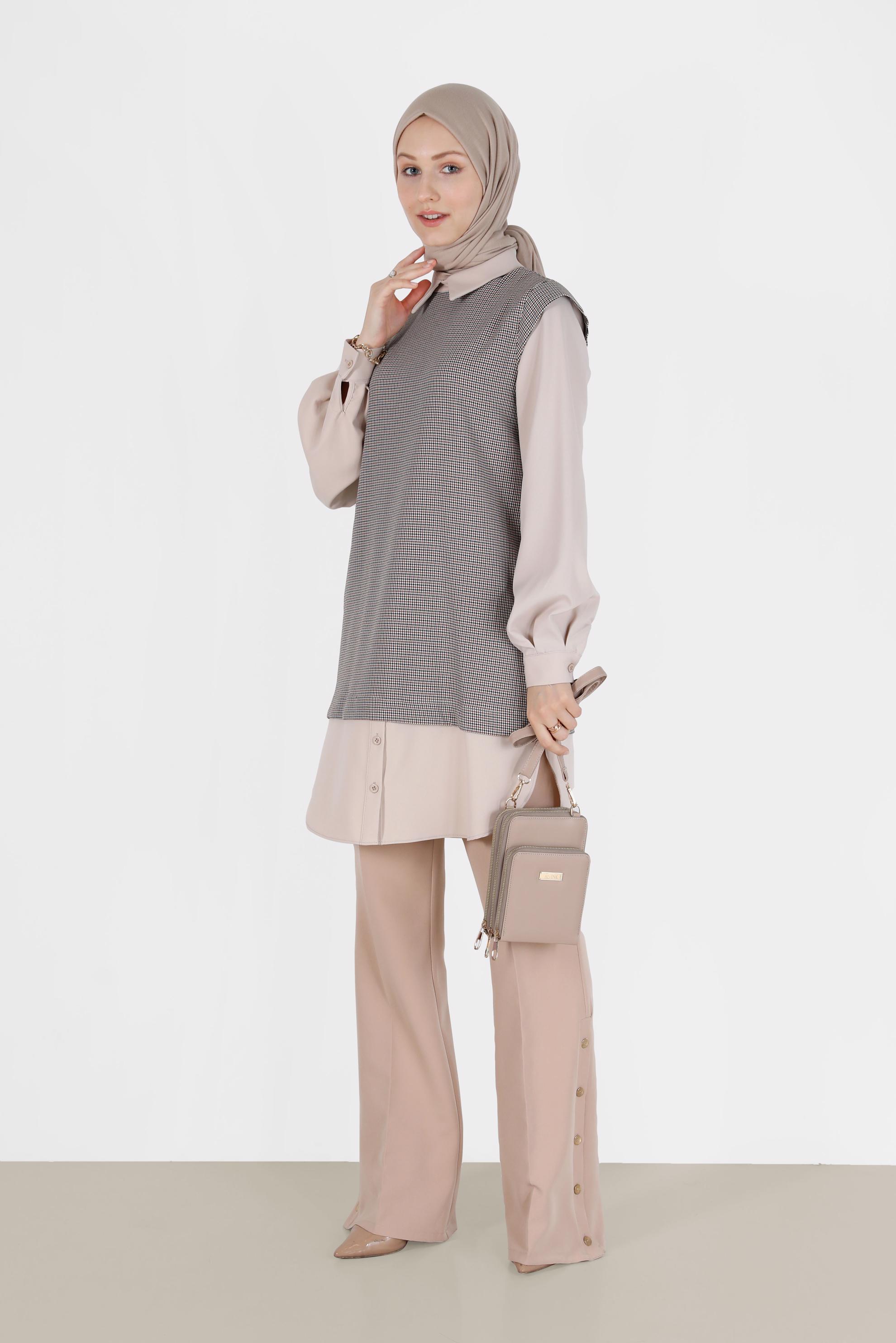 Tesettür giyim TURUNCU İKİ PARÇA GÖRÜNÜMLÜ EKOSE TUNİK 42374 