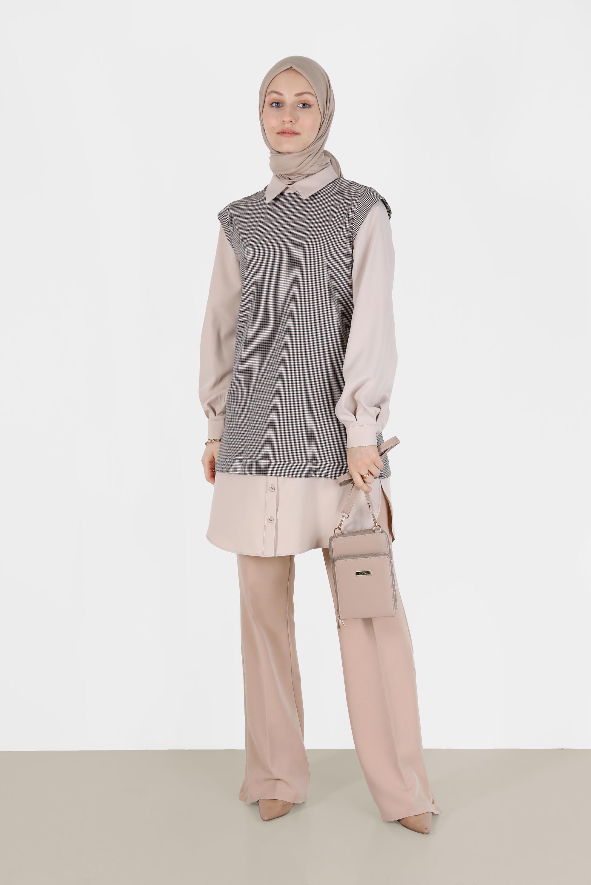 Tesettür giyim TURUNCU İKİ PARÇA GÖRÜNÜMLÜ EKOSE TUNİK 42374 